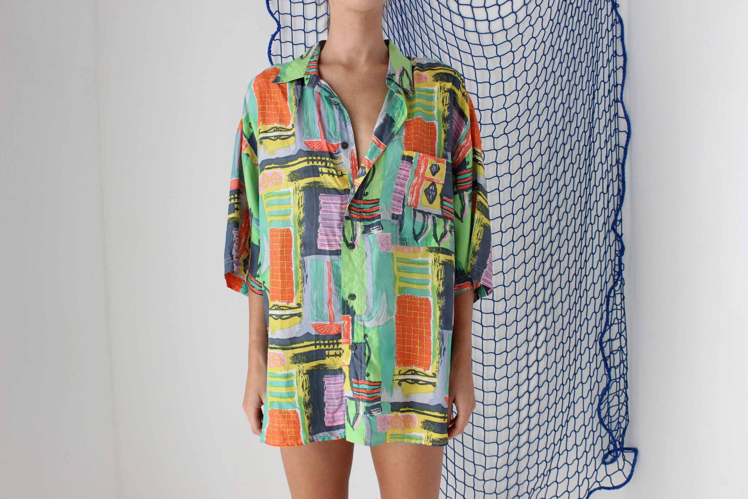 FOUND IN GREECE 80s Pure Silk Rainbow Boxy Shirt