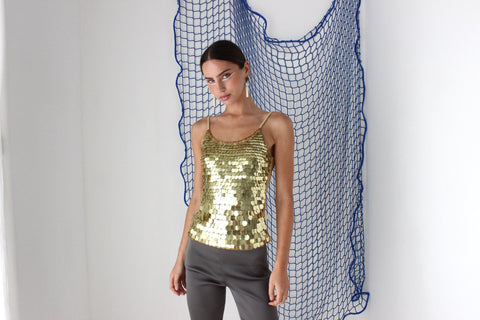 FOUND IN GREECE Y2K Gold Pailette Disc Sequin Disco Tank