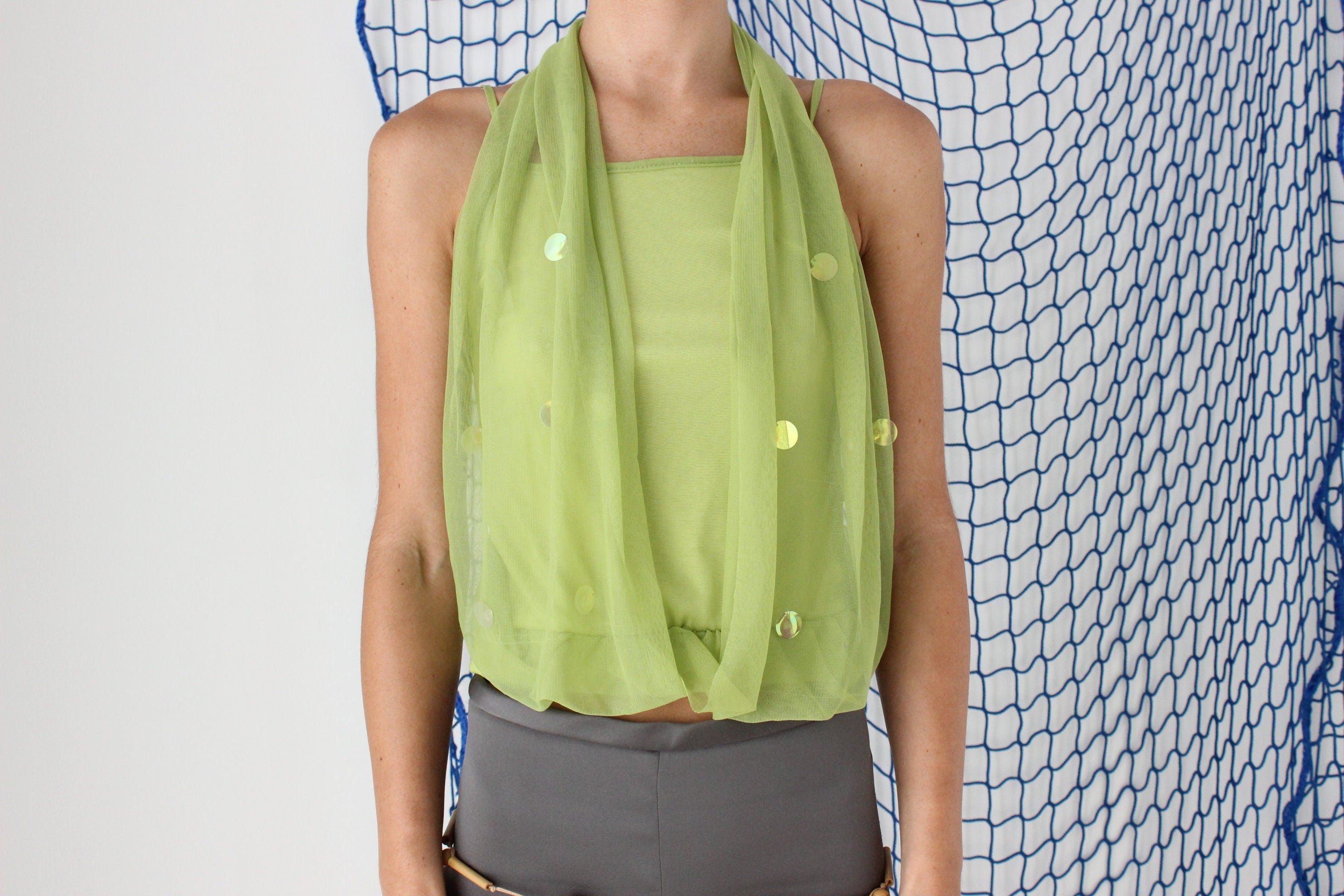 FOUND IN GREECE Y2K Lime Green Sheer Mesh & Sequin Hooded Top look