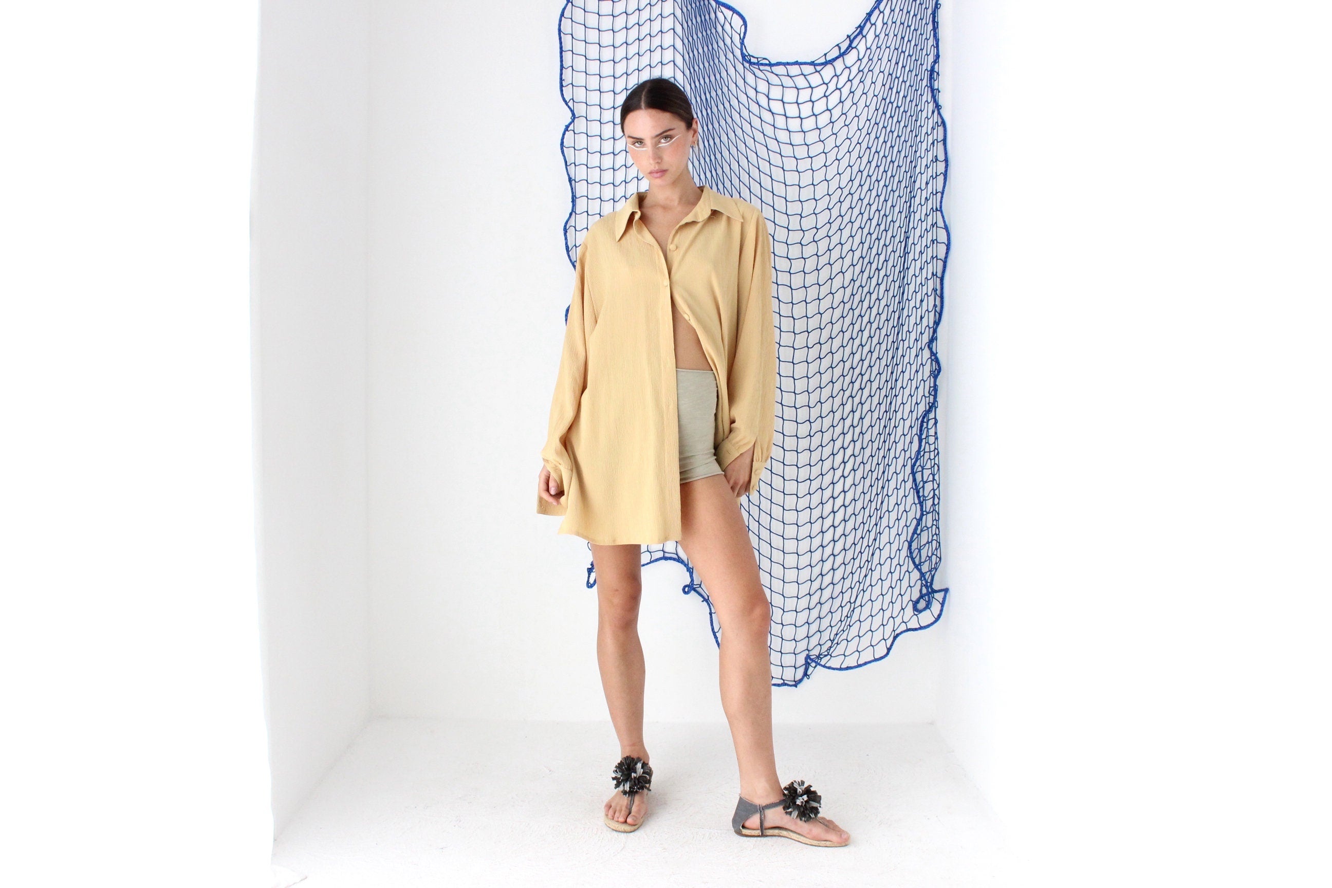 FOUND IN GREECE 90s French Gauze Longline Button Up Shirt Dress