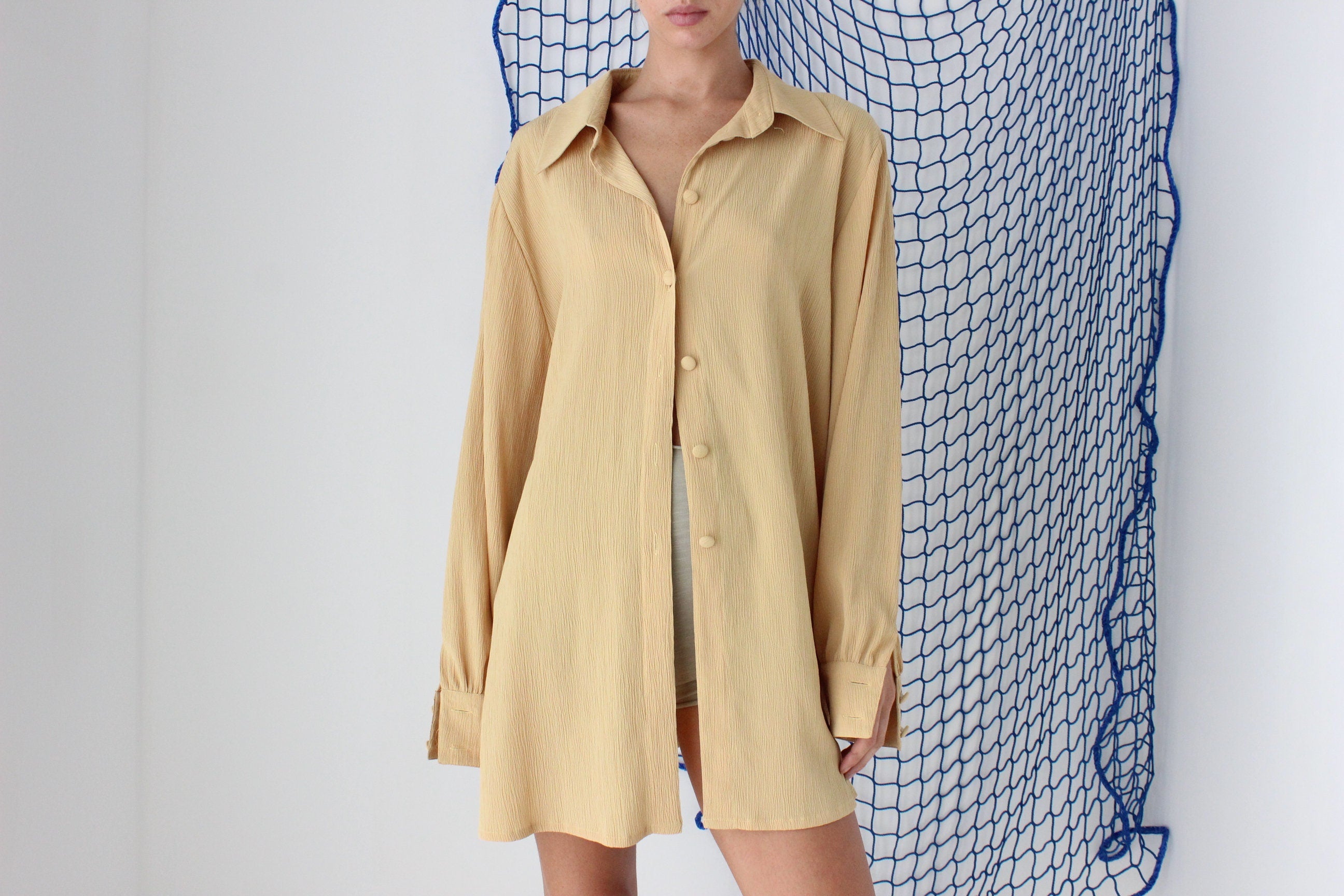 FOUND IN GREECE 90s French Gauze Longline Button Up Shirt Dress