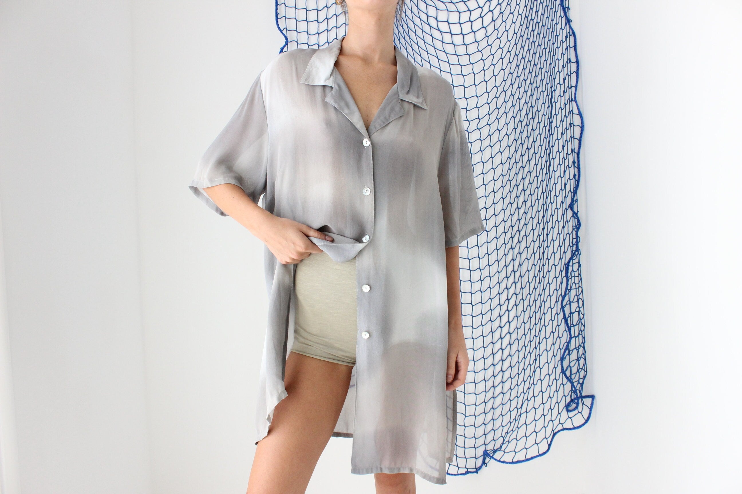 FOUND IN GREECE 80s Mottled Grey Sheer Shirt Dress / Cover Up