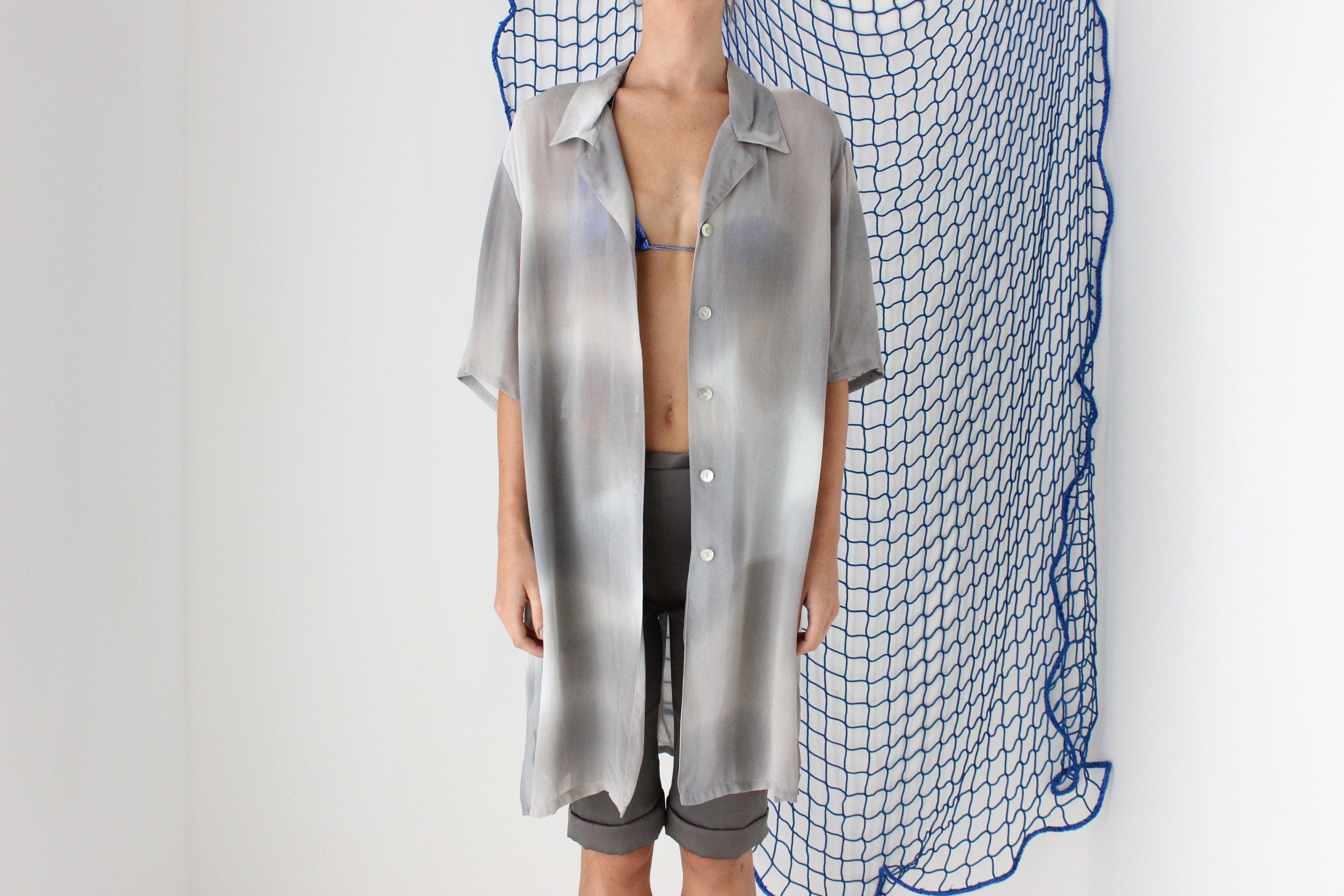 FOUND IN GREECE 80s Mottled Grey Sheer Shirt Dress / Cover Up