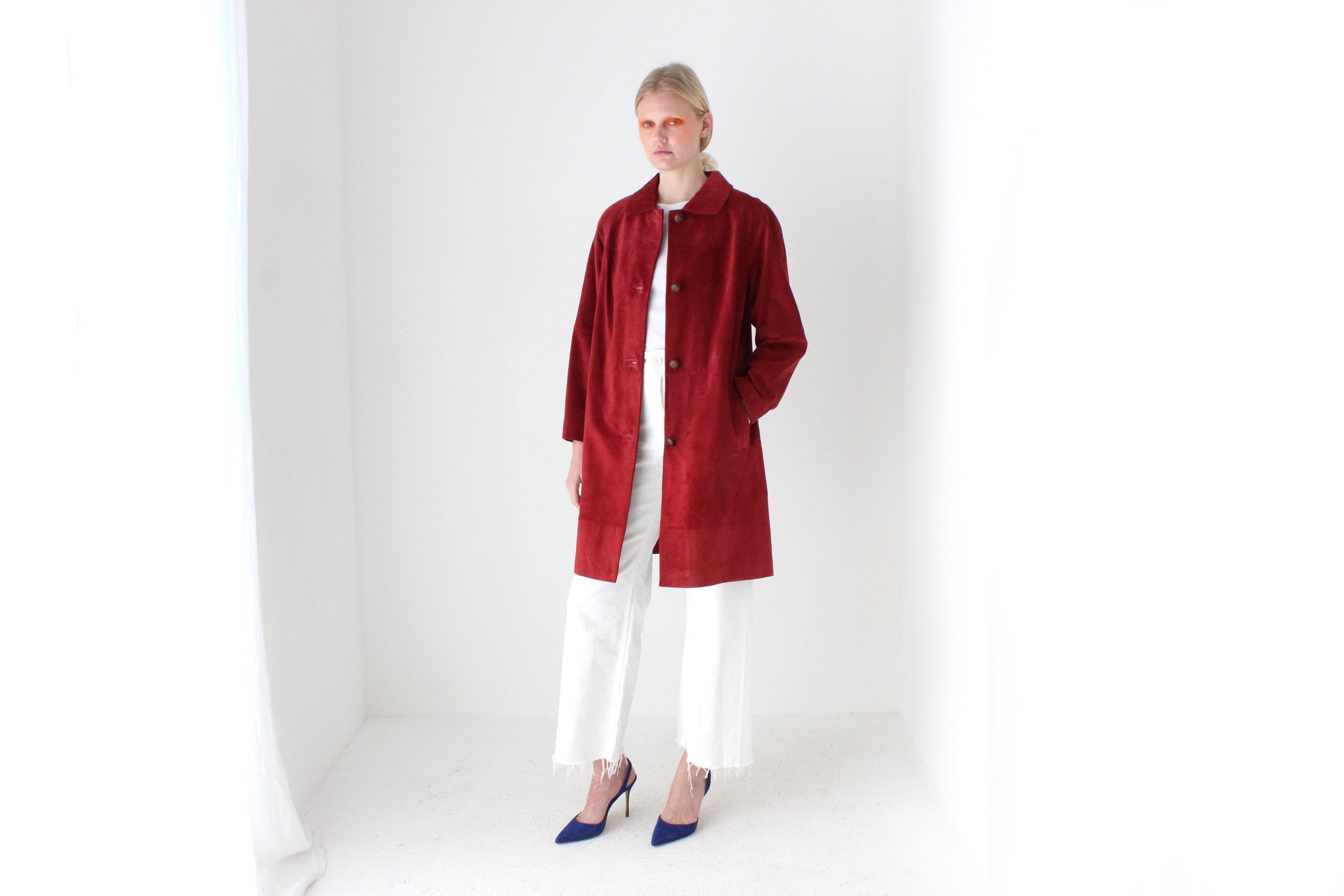 90s Burgundy Suede Long Line Button Up Swing Coat