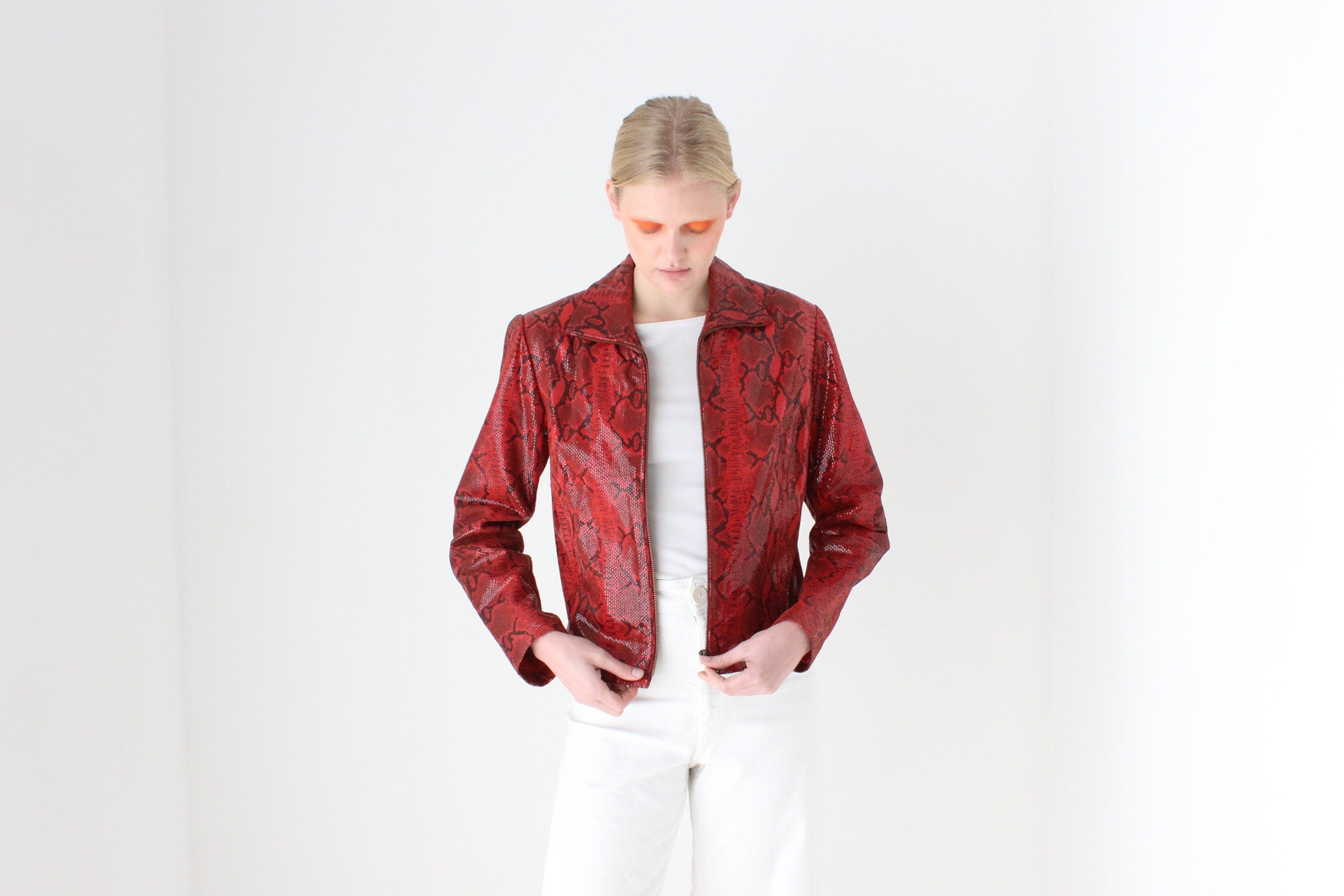 Y2K Genuine Leather Shiny Snakeskin Zip Up Bomber Jacket