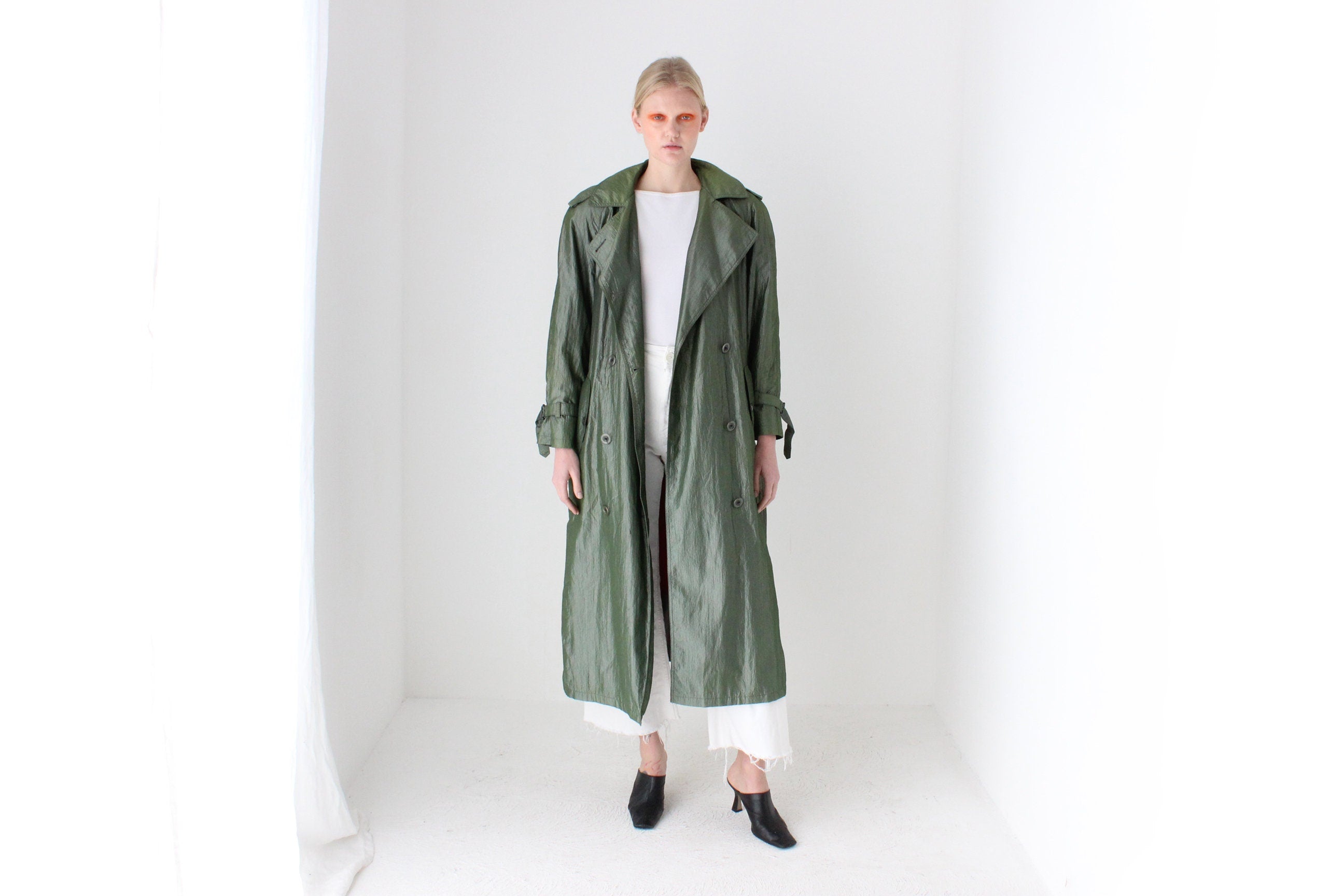 80s Iridescent Green Belted Trench Coat by Jones New York w/ Pure Wool Lining