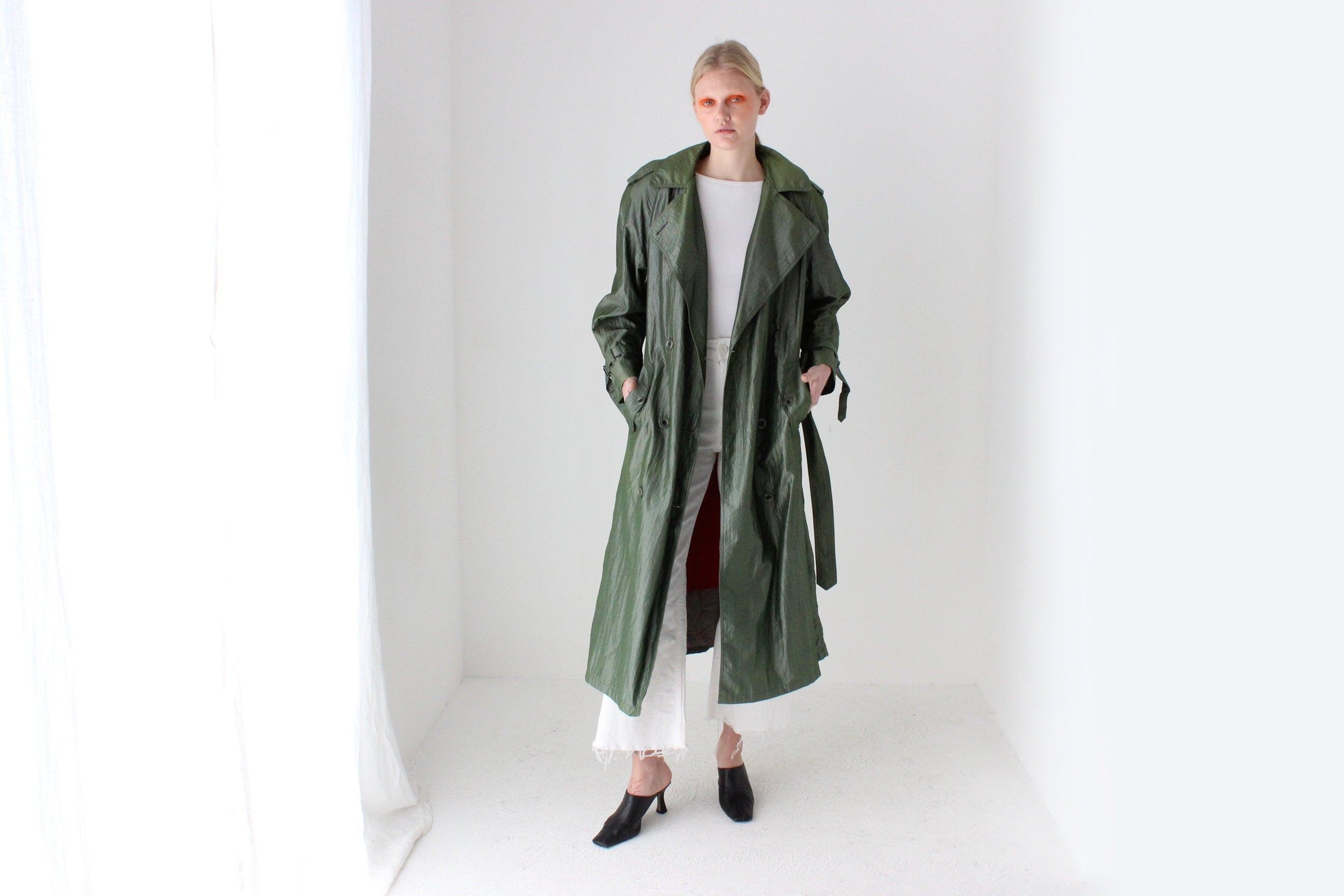 80s Iridescent Green Belted Trench Coat by Jones New York w/ Pure Wool Lining