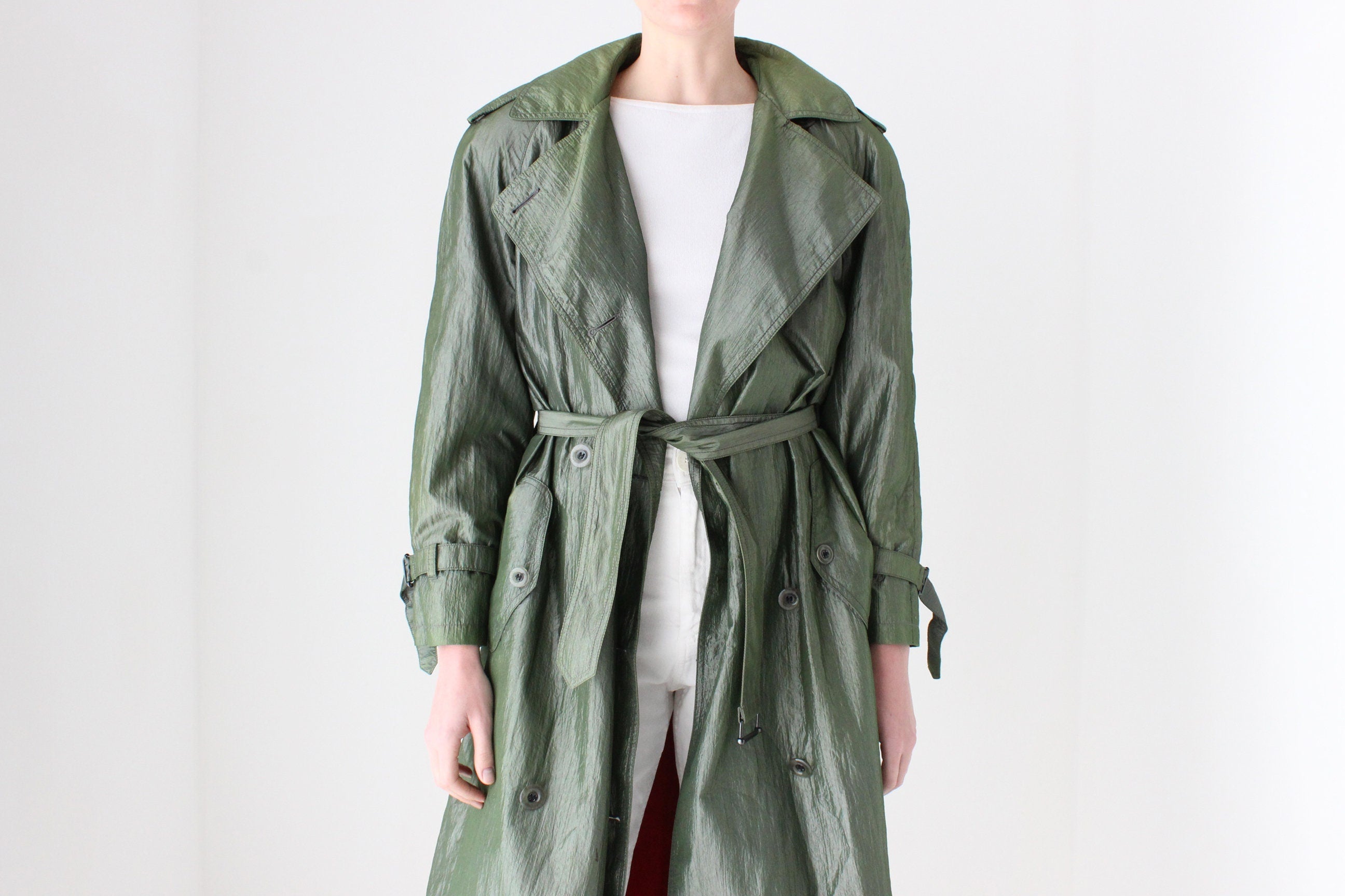 80s Iridescent Green Belted Trench Coat by Jones New York w/ Pure Wool Lining