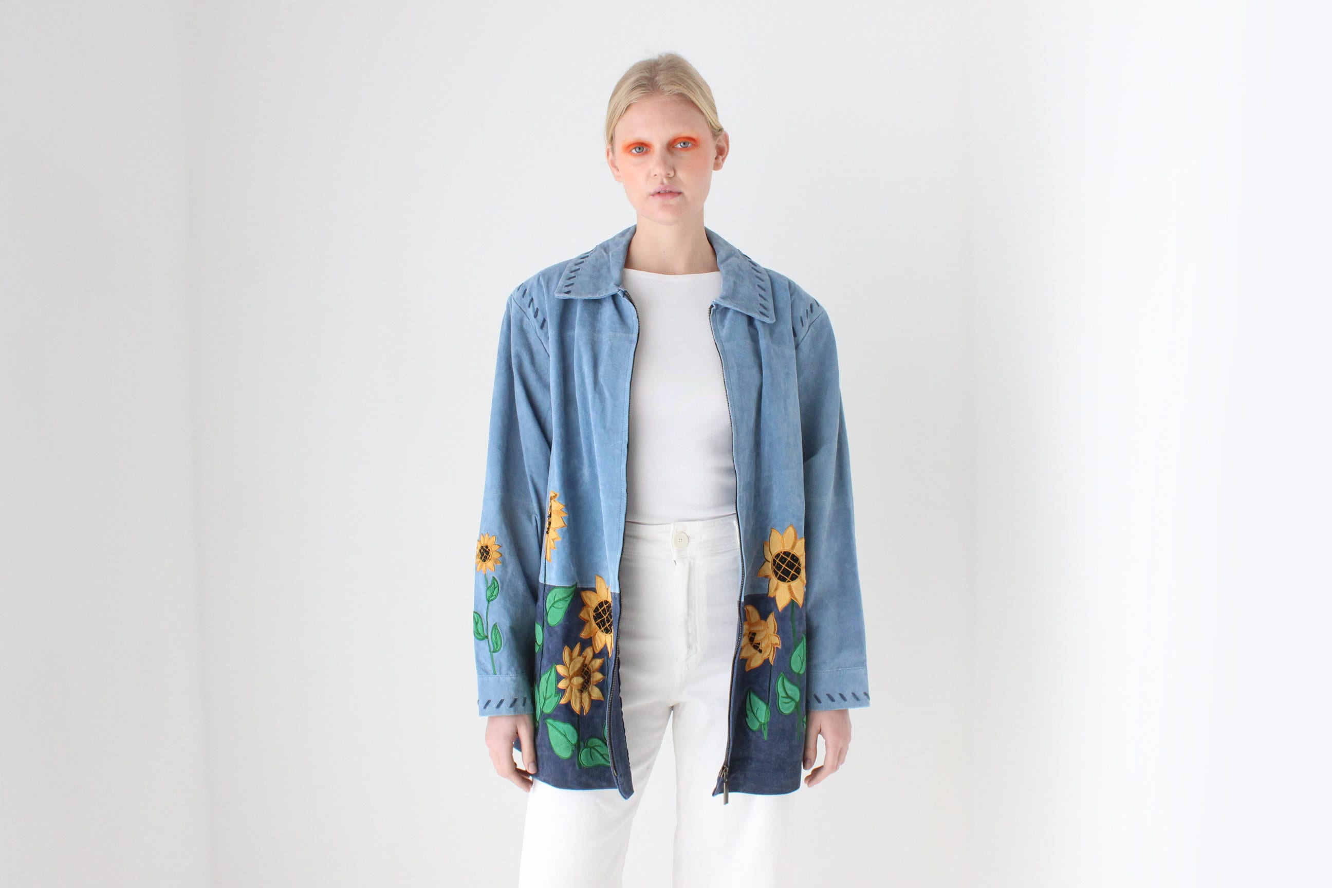 90s Suede Sunflower Patchwork Oversized Zip Front XL Jacket