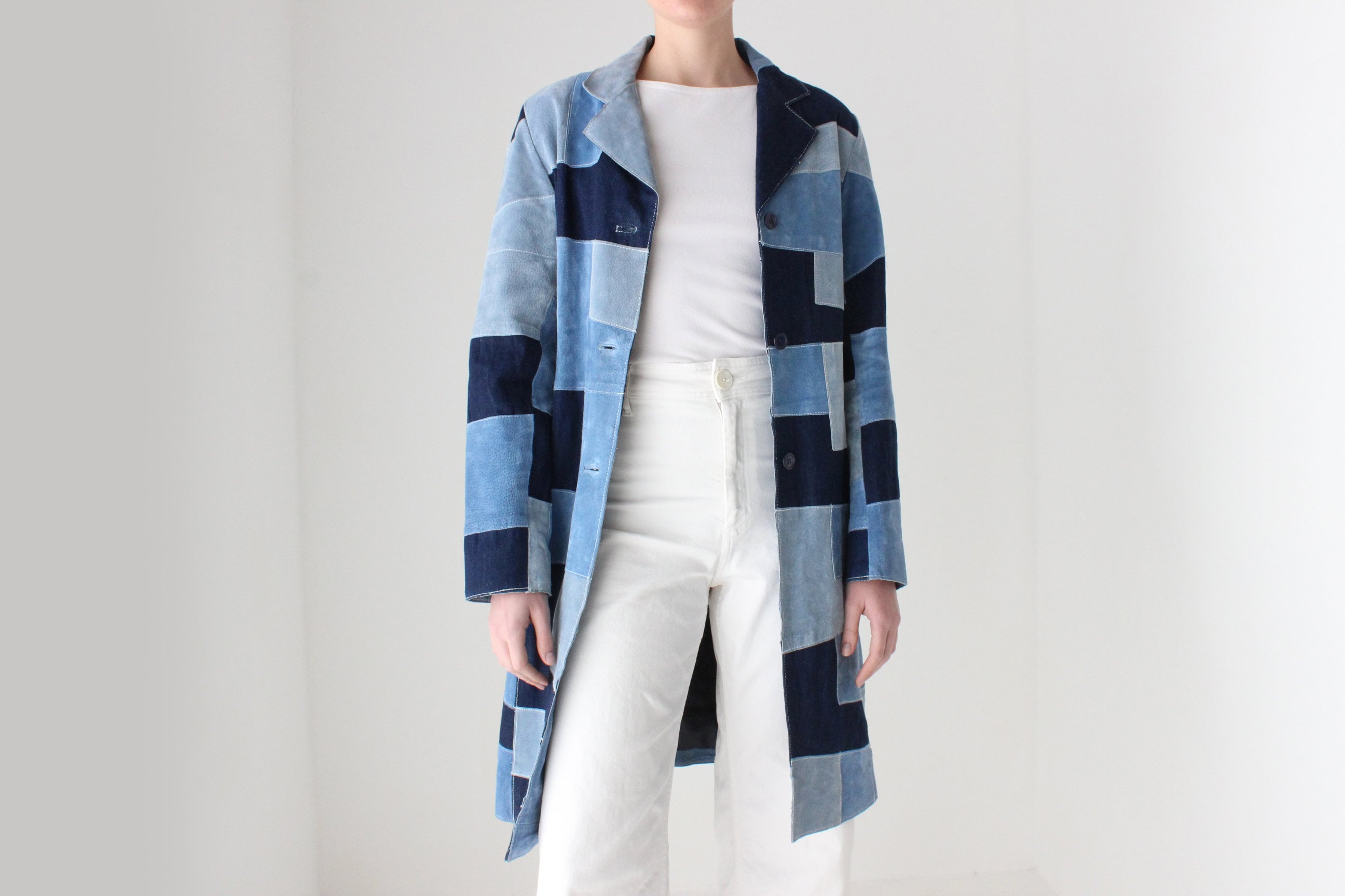 90s Does 70s Suede & Denim Patchwork Trench Coat