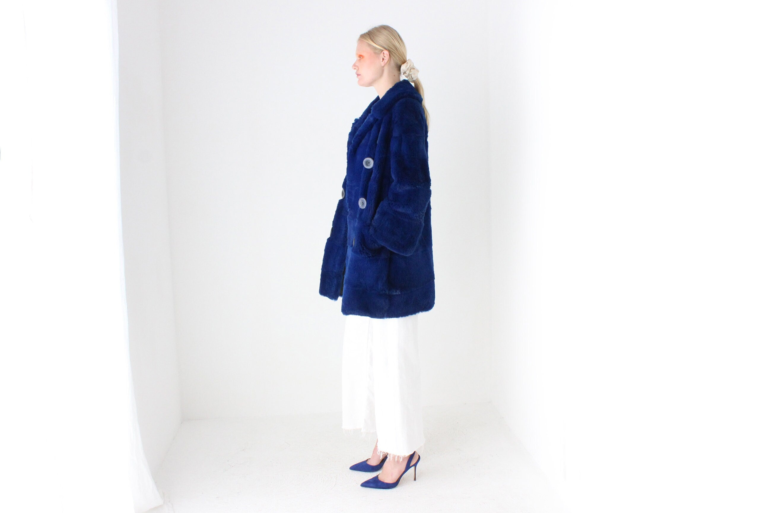 1980s Custom Made Real Rabbit Fur Deep Blue Coat