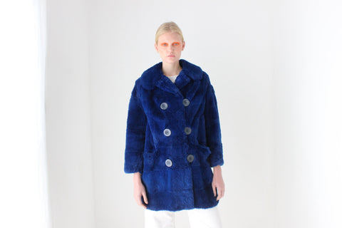 1980s Custom Made Real Rabbit Fur Deep Blue Coat