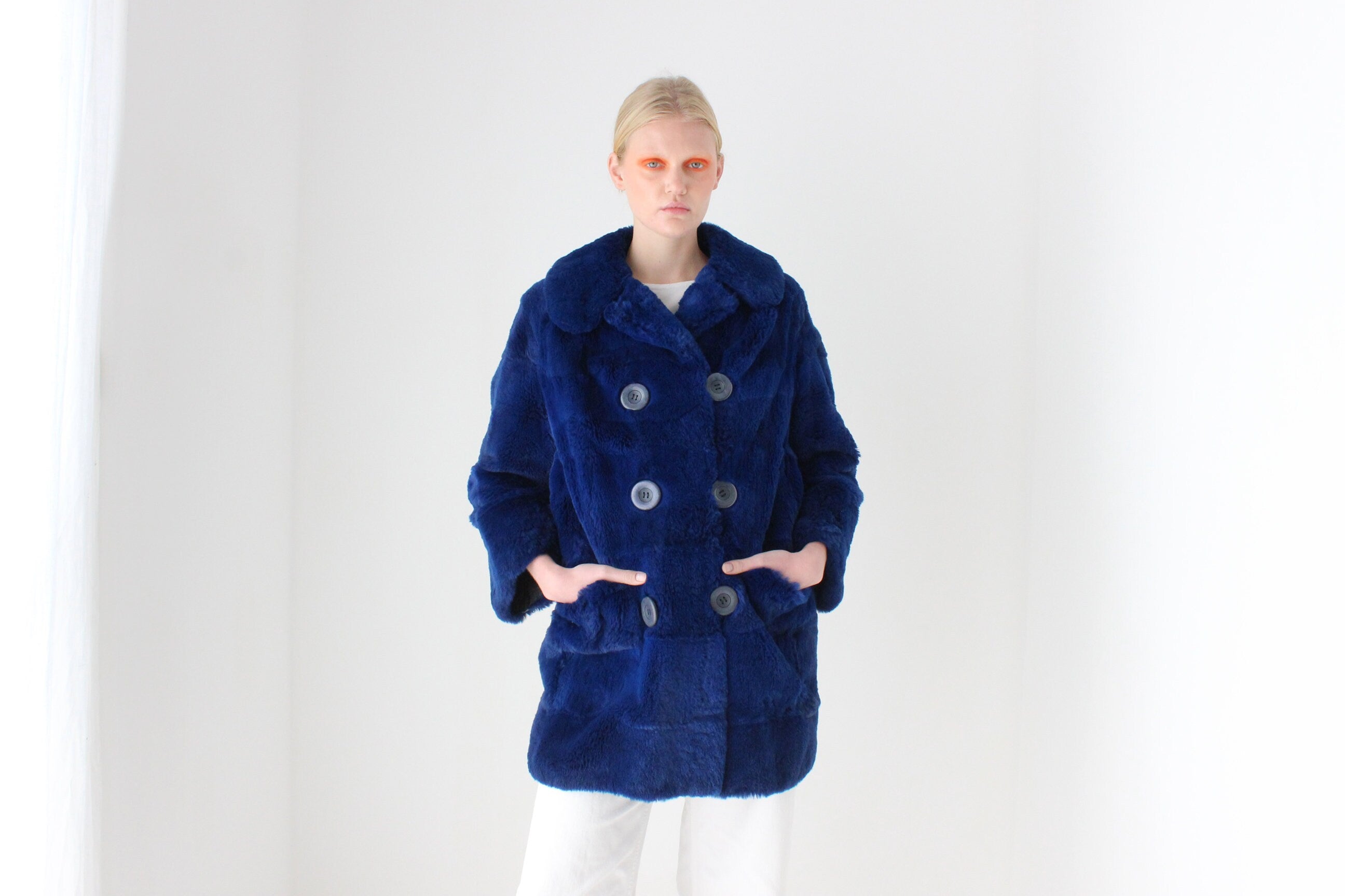 1980s Custom Made Real Rabbit Fur Deep Blue Coat