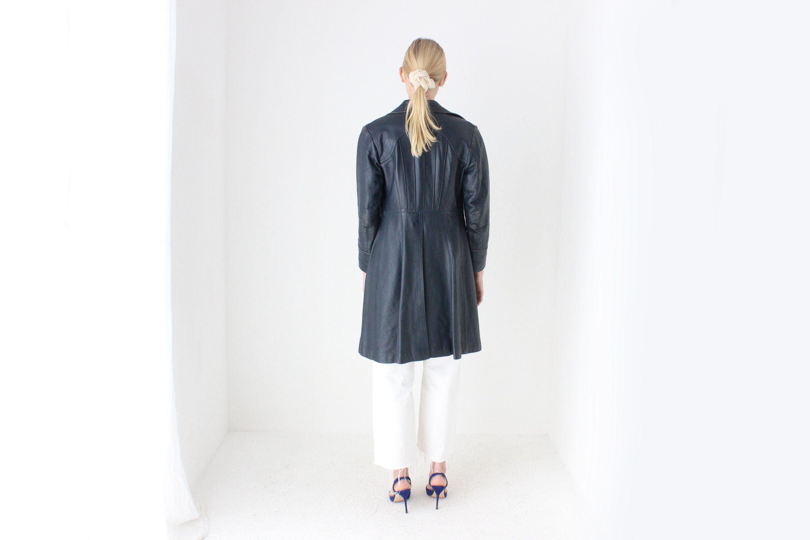 70s Navy Blue Long Leather Button Up Coat