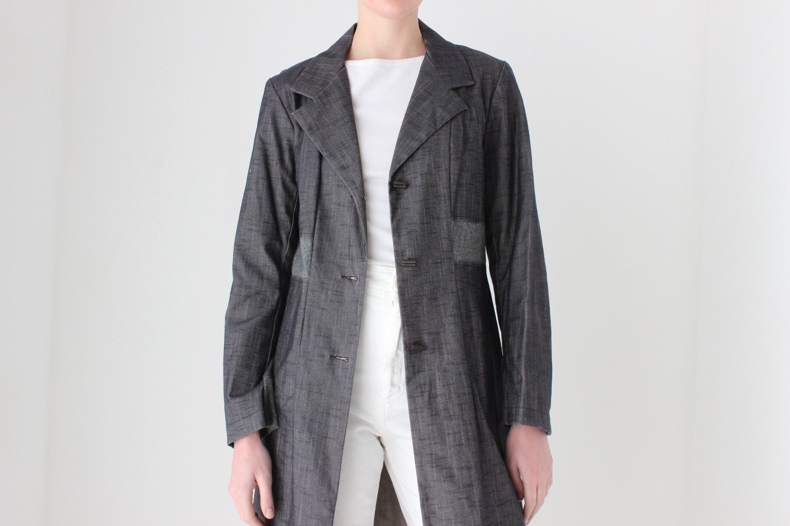 Y2K Techno / Rave Grey Blue Denim Trench Coat