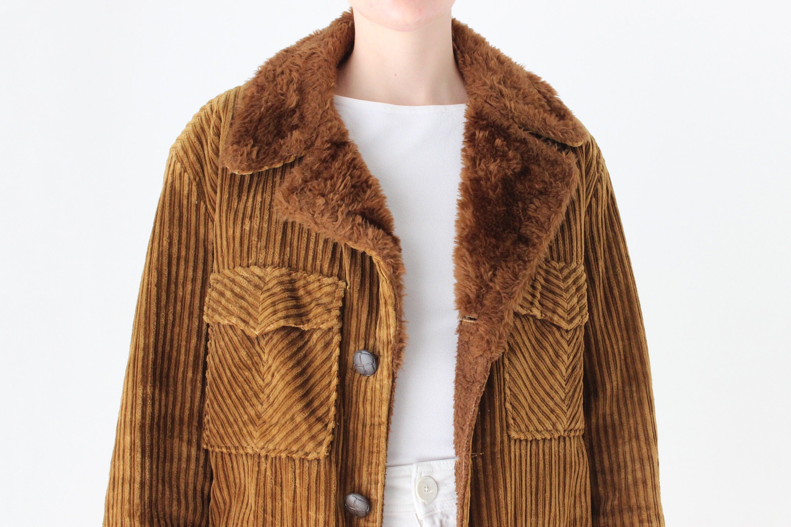 1970s Corduroy & Faux Fur Button Up Coat