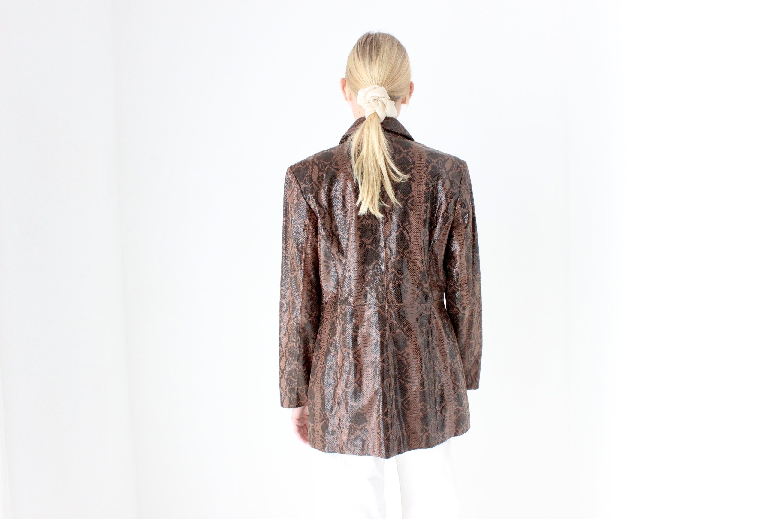 90s {Genuine Leather} Patent Chocolate Snakeskin Coat