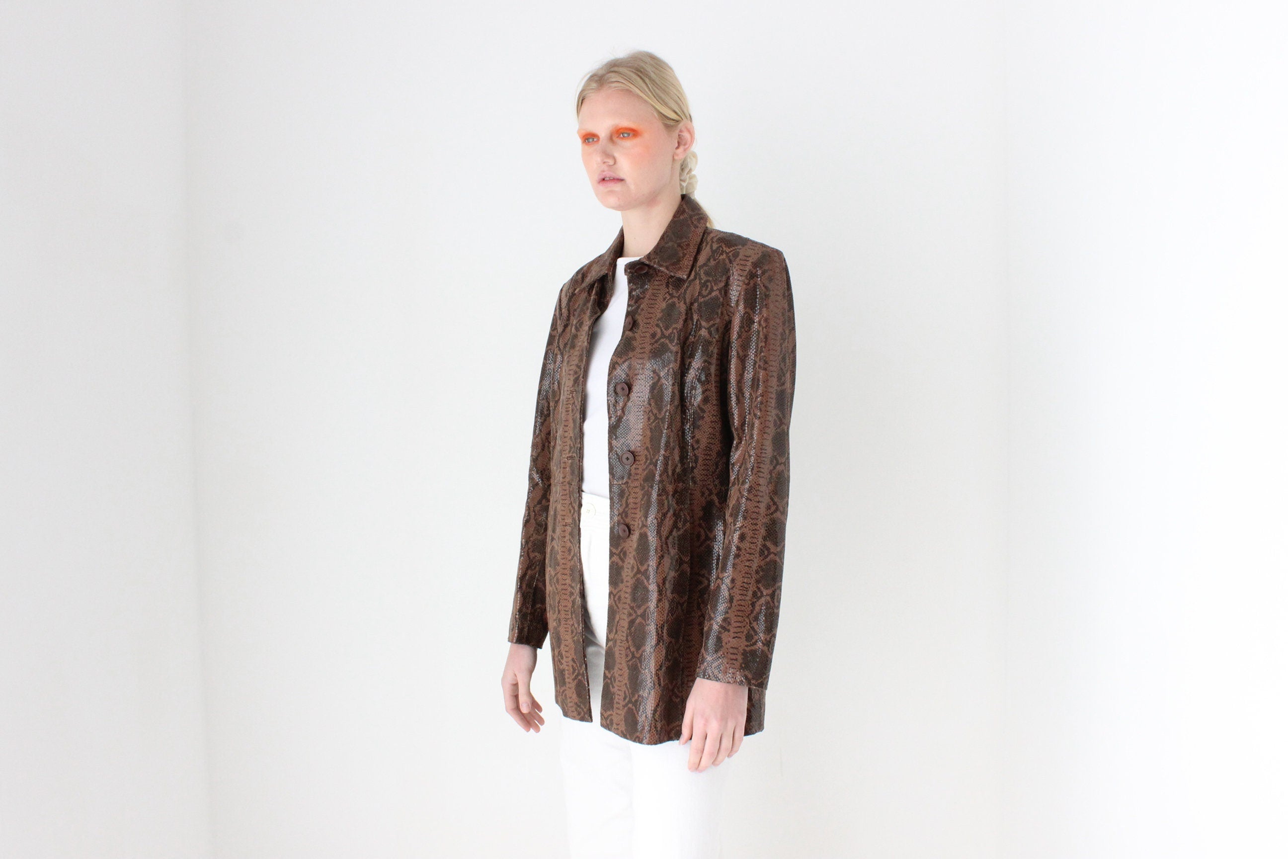 90s {Genuine Leather} Patent Chocolate Snakeskin Coat