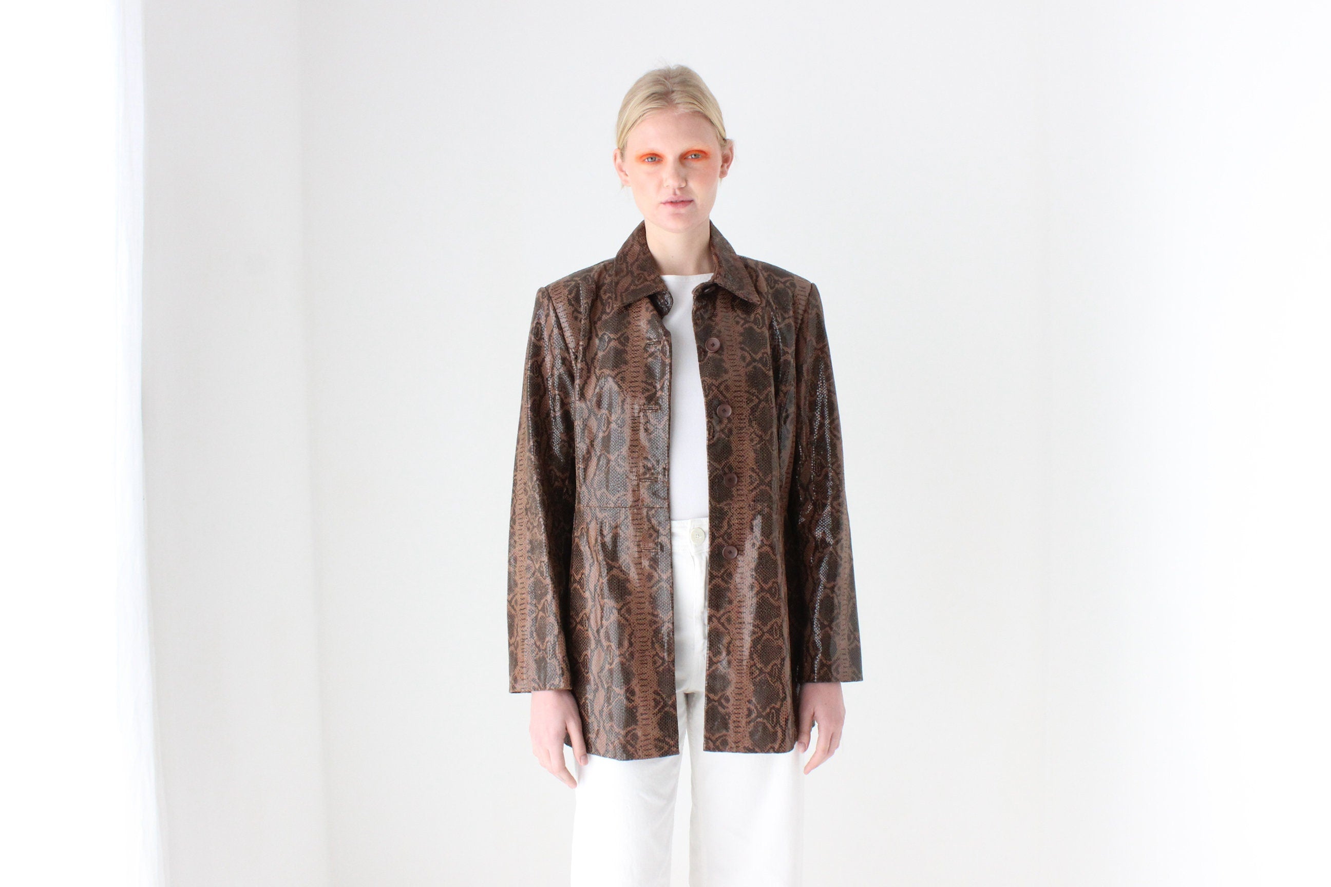 90s {Genuine Leather} Patent Chocolate Snakeskin Coat