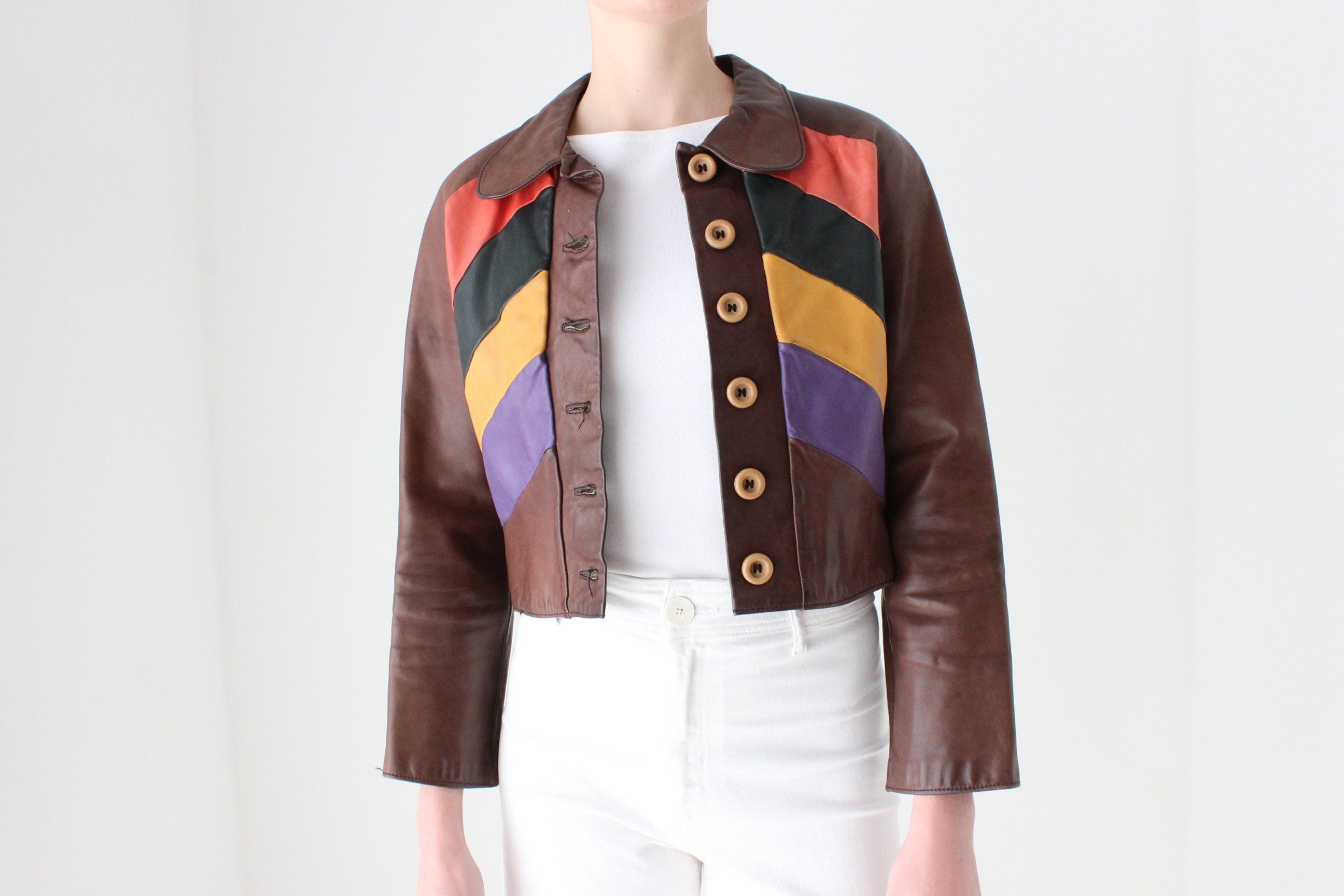 True 1970s One of a Kind Rainbow Leather Cropped Jacket