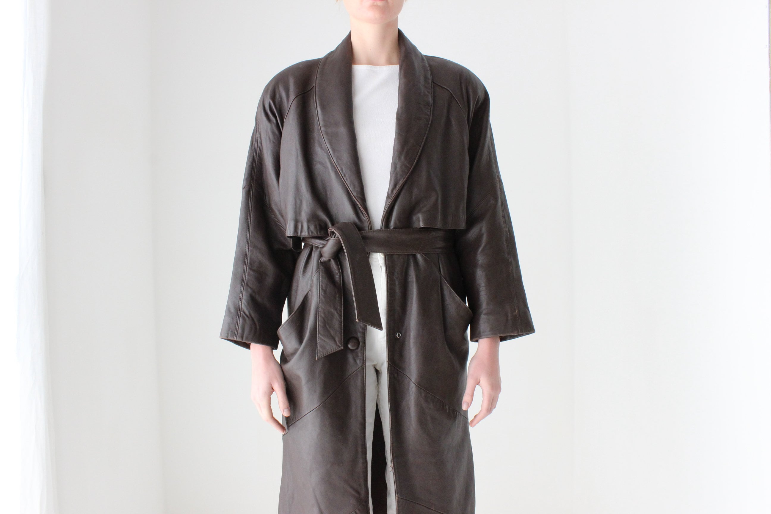 80s Bold Shoulder Chocolate Leather Trench Coat