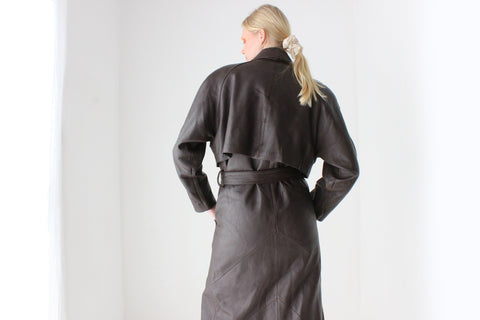 80s Bold Shoulder Chocolate Leather Trench Coat