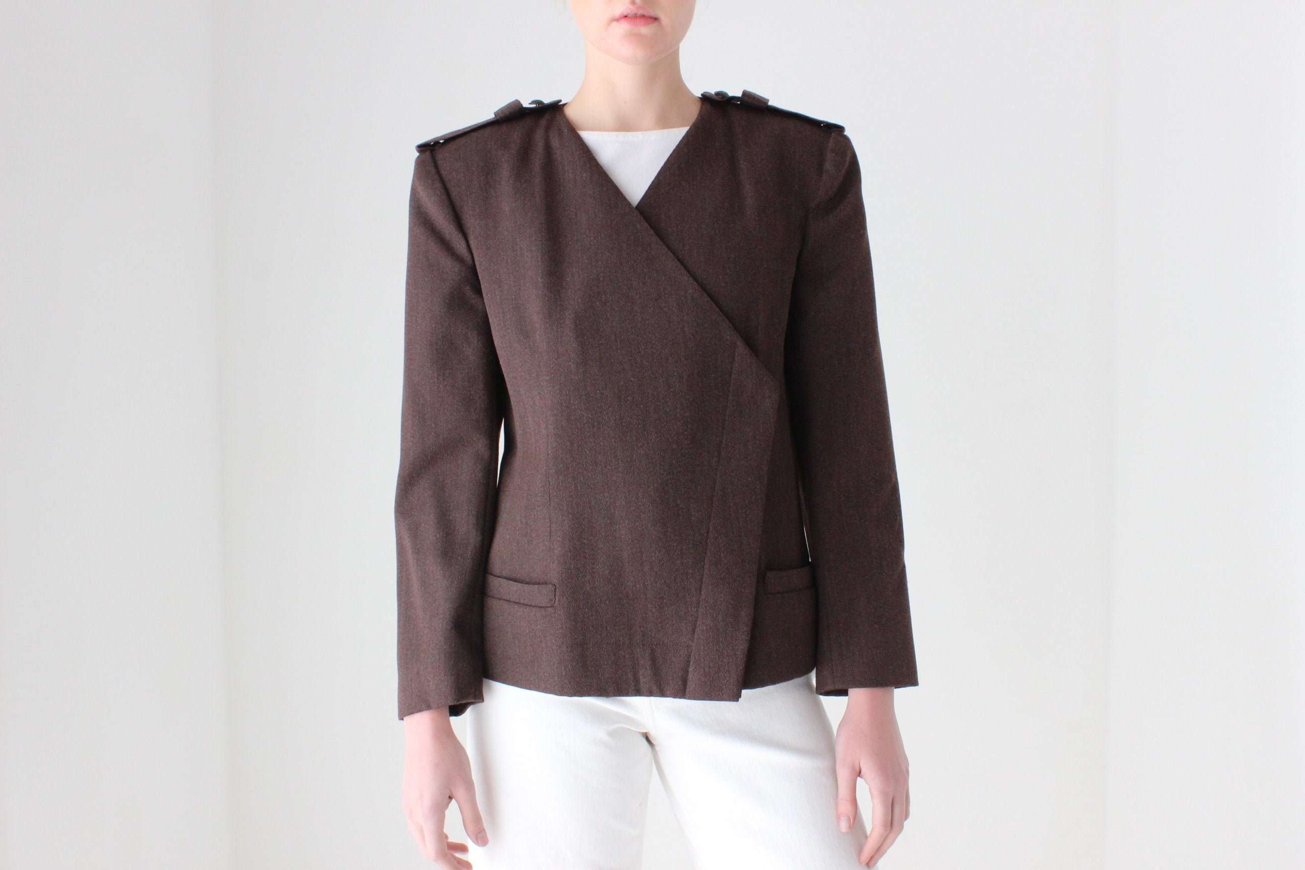 90s Krizia Italy Chocolate Wool Twill Asymmetric Abstract Blazer Jacket