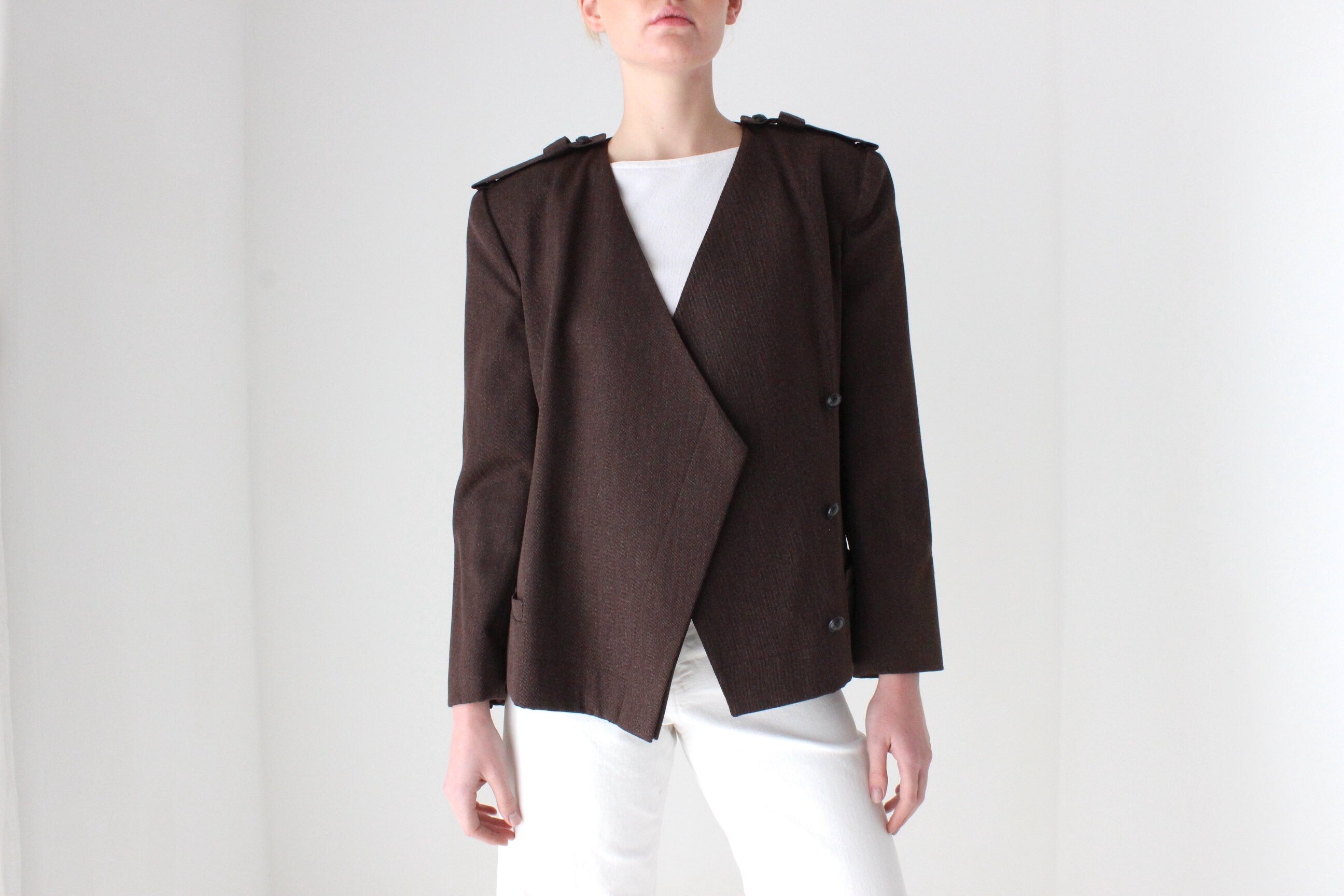 90s Krizia Italy Chocolate Wool Twill Asymmetric Abstract Blazer Jacket