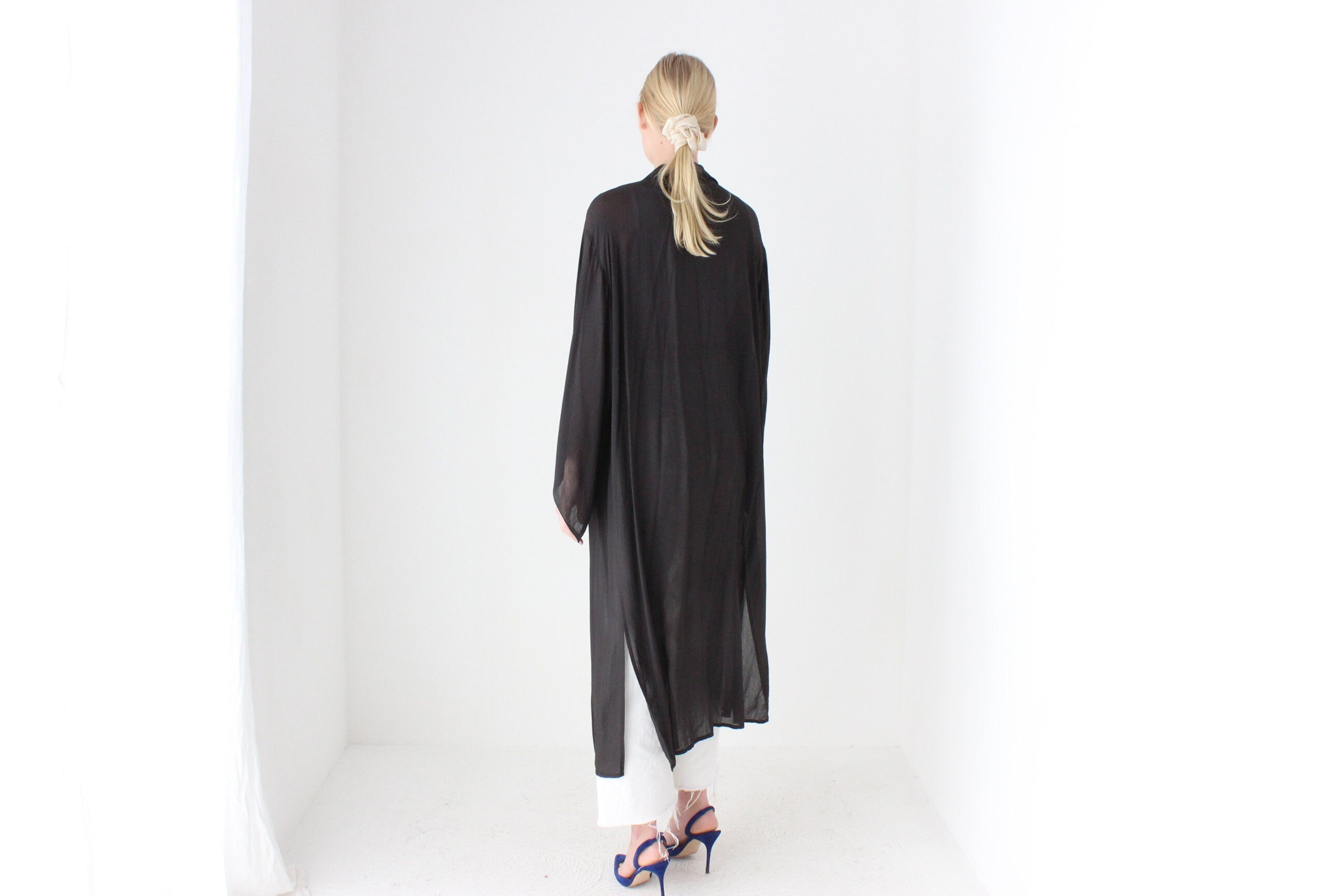 90s Black Sheer Viscose Gauze Floaty Full Length Duster