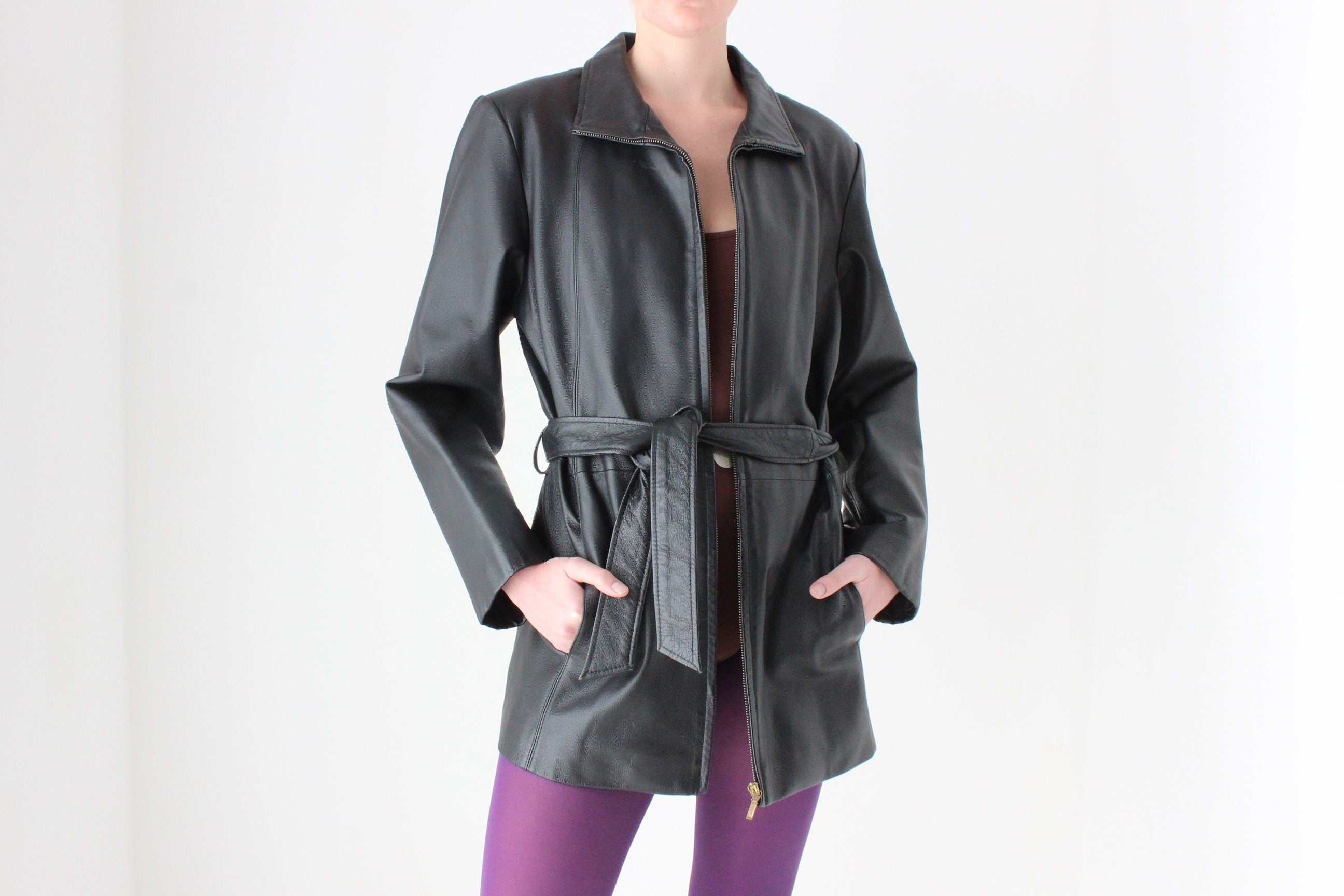 90s Leather Black Classic Minimal Zip Front Jacket w/ Waist Tie