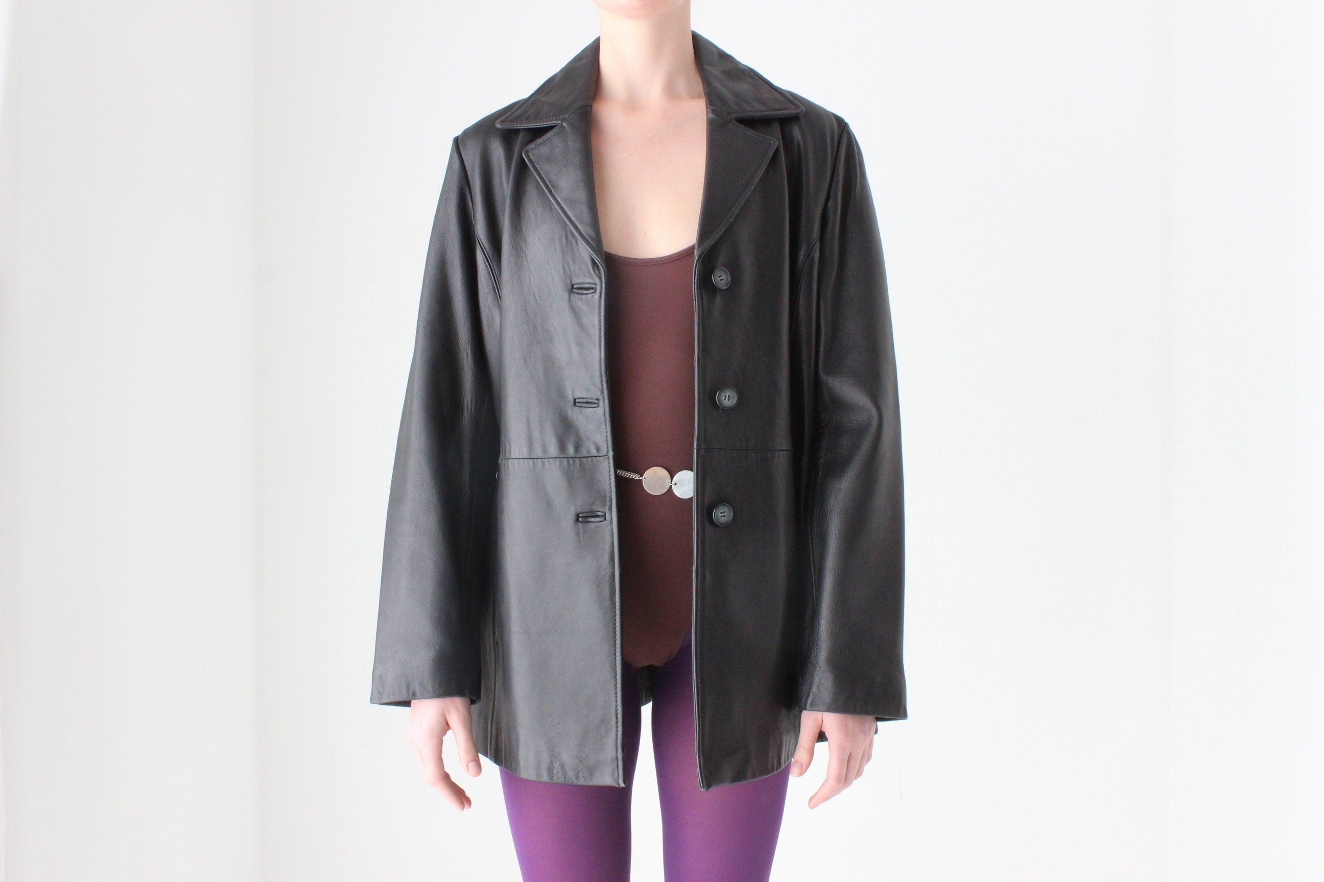 90s Jacqueline Farrer Lambskin Leather Classic Button Up Coat