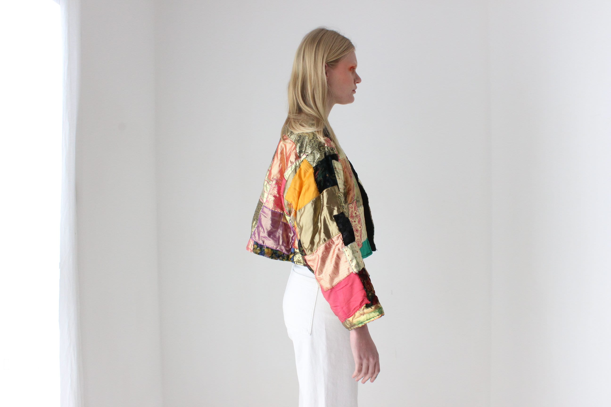 80s Metallic Patchwork Rayon Quilted Cropped Kimono Jacket