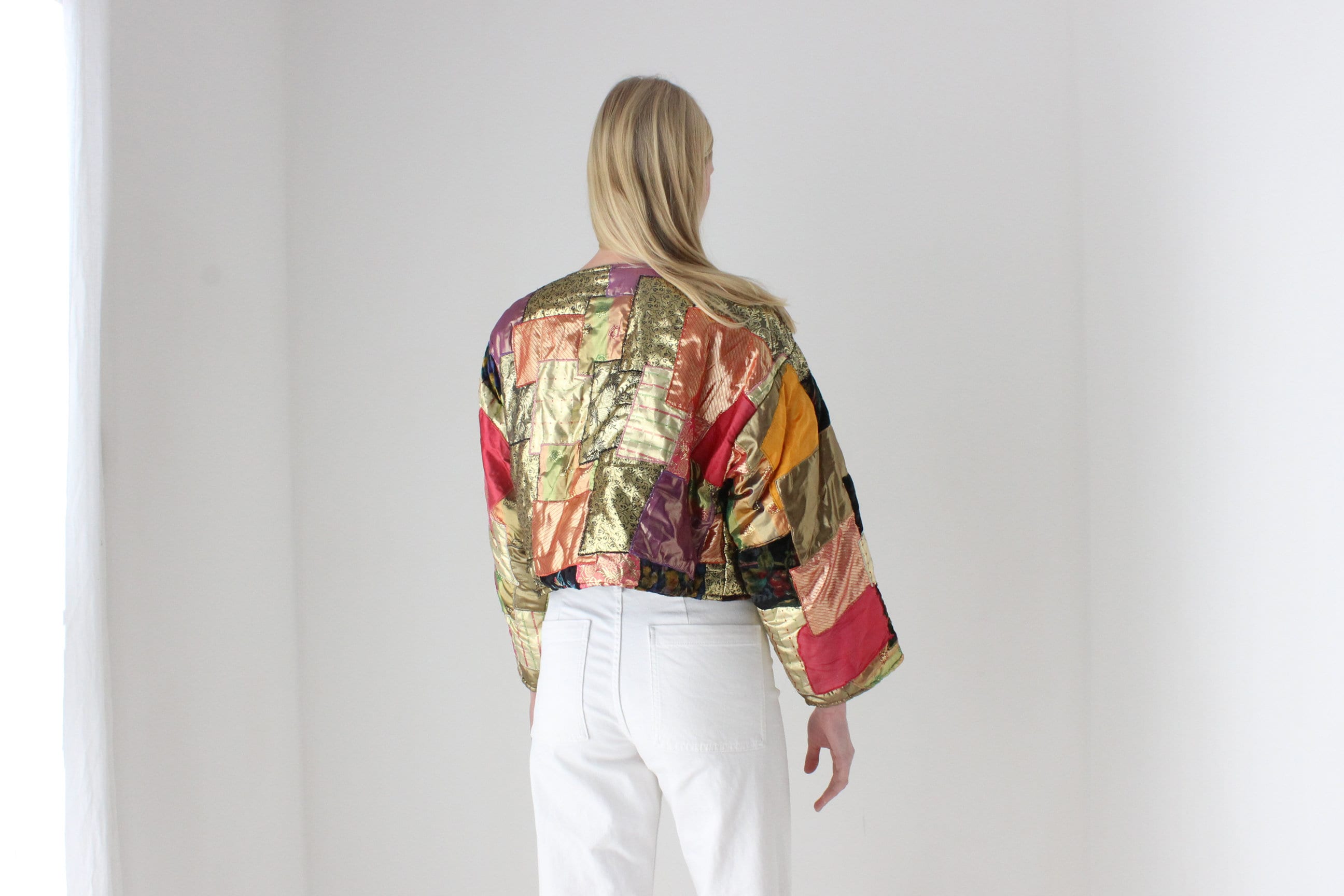 80s Metallic Patchwork Rayon Quilted Cropped Kimono Jacket