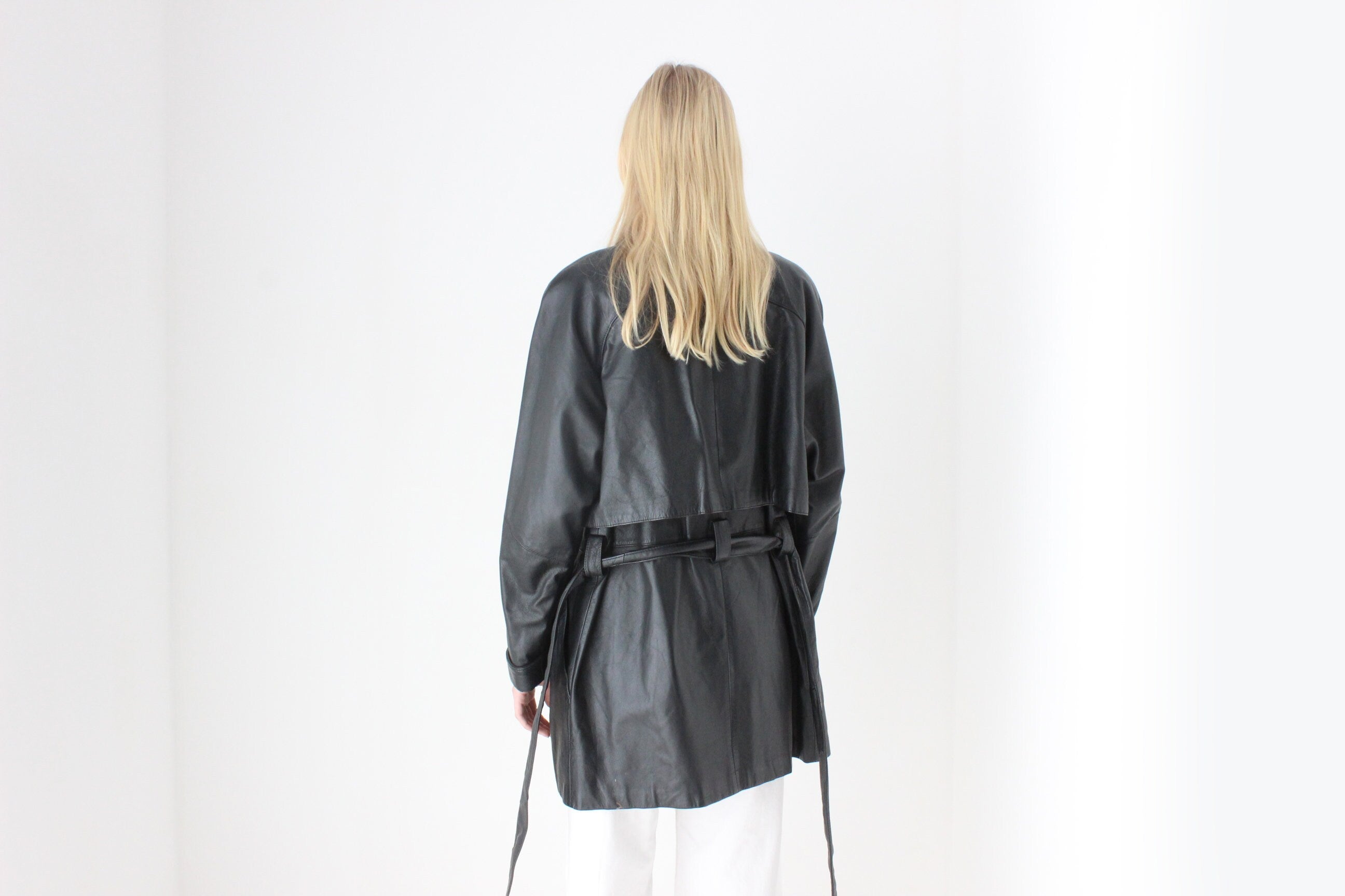 Chic 80s Leather Tie Waist Shawl Collar Belted Coat