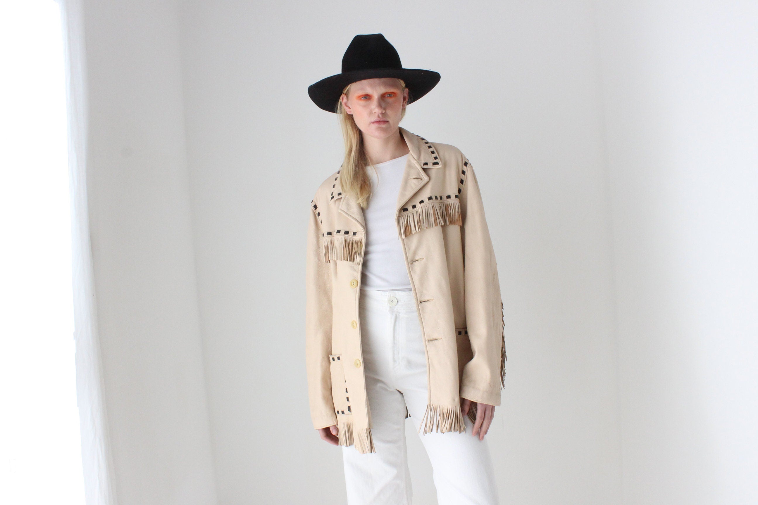 70s Camp Cowboy Leather Fringe Boxy Western Jacket