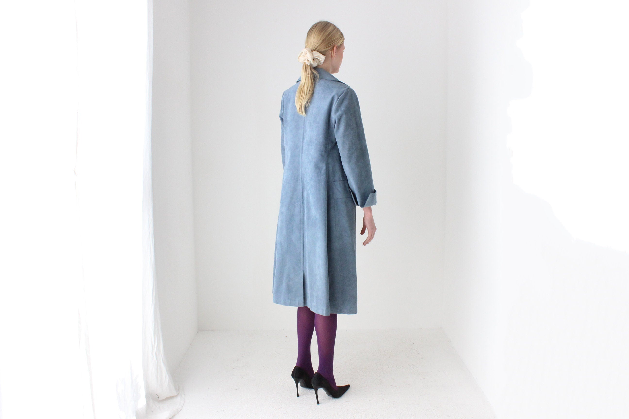 70s Sky Blue Suede Look Belted Trench Coat