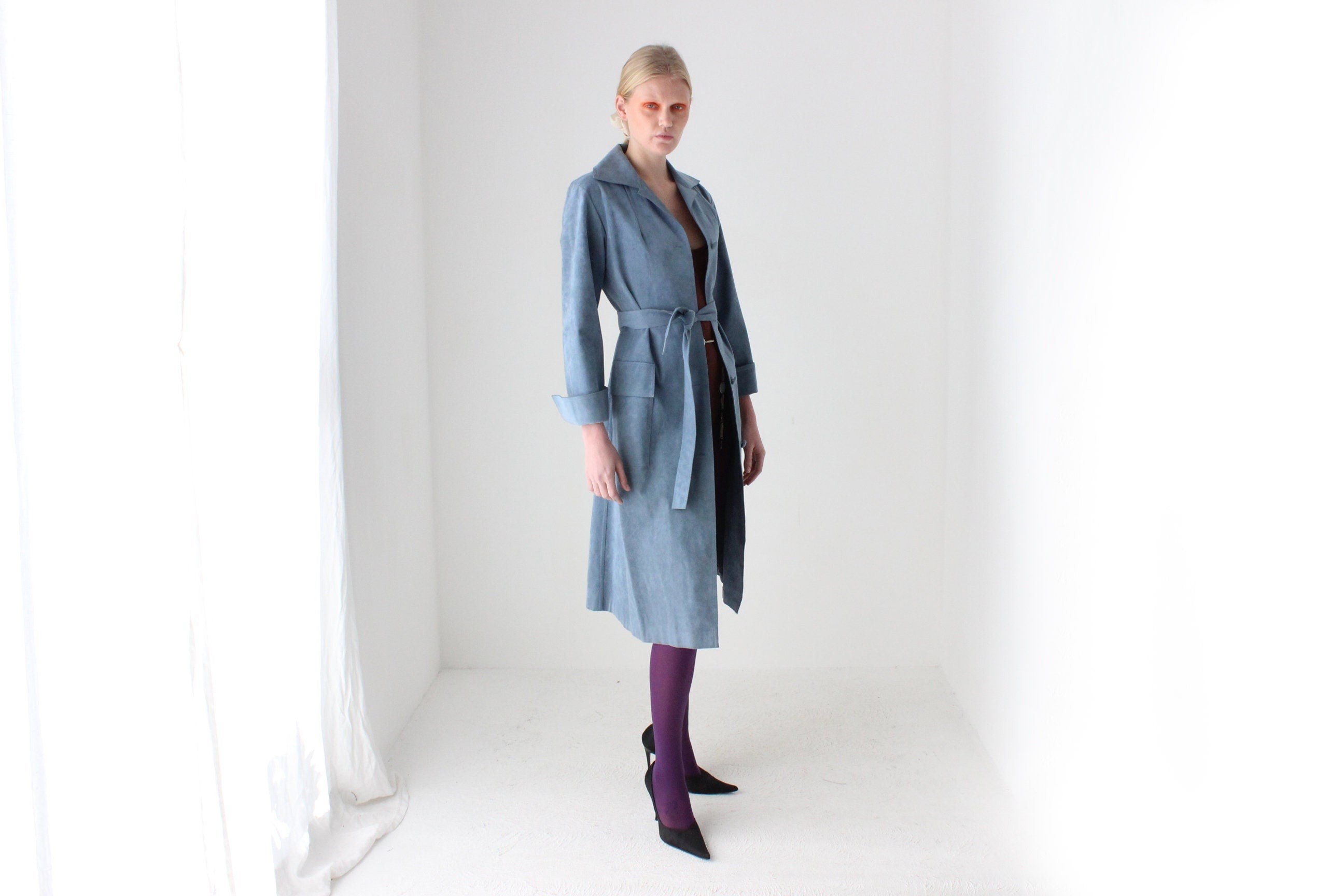 70s Sky Blue Suede Look Belted Trench Coat