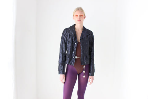 Y2K Designer Carmen Marc Valvo Deep Purple Metallic Crinkle Cropped Jacket