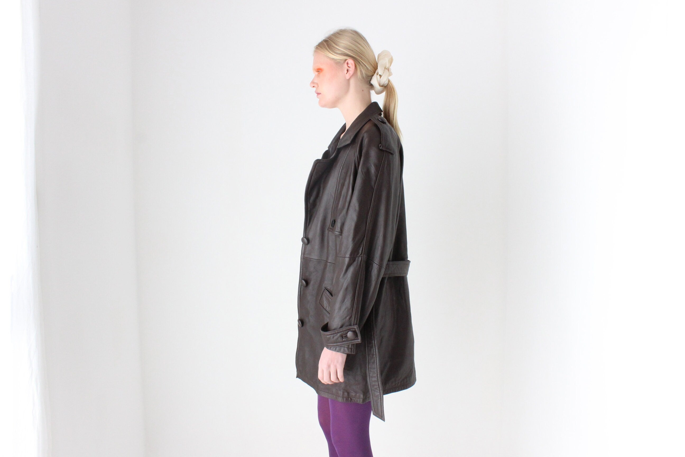 80s Softest Lambskin Chocolate Leather Belted Oversized Trench Coat