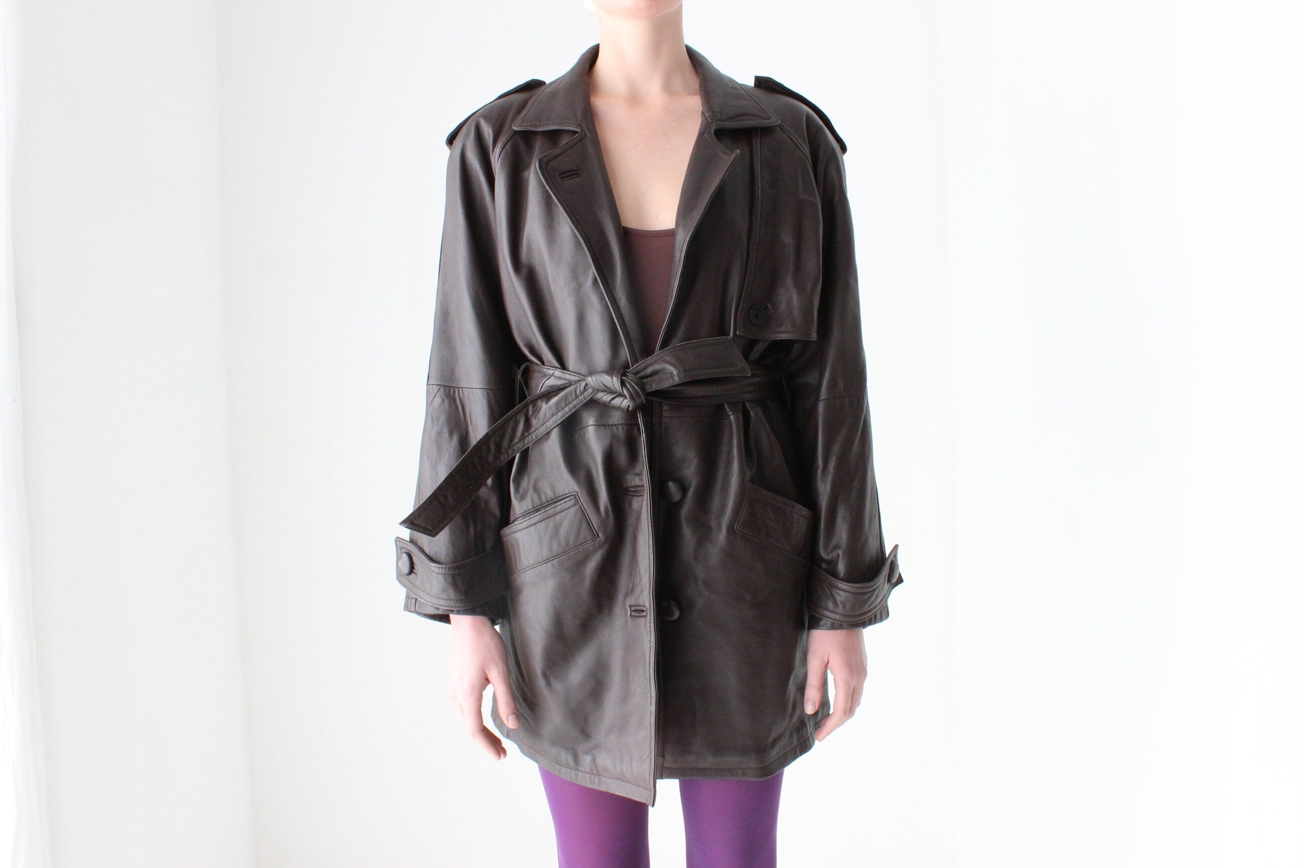 80s Softest Lambskin Chocolate Leather Belted Oversized Trench Coat