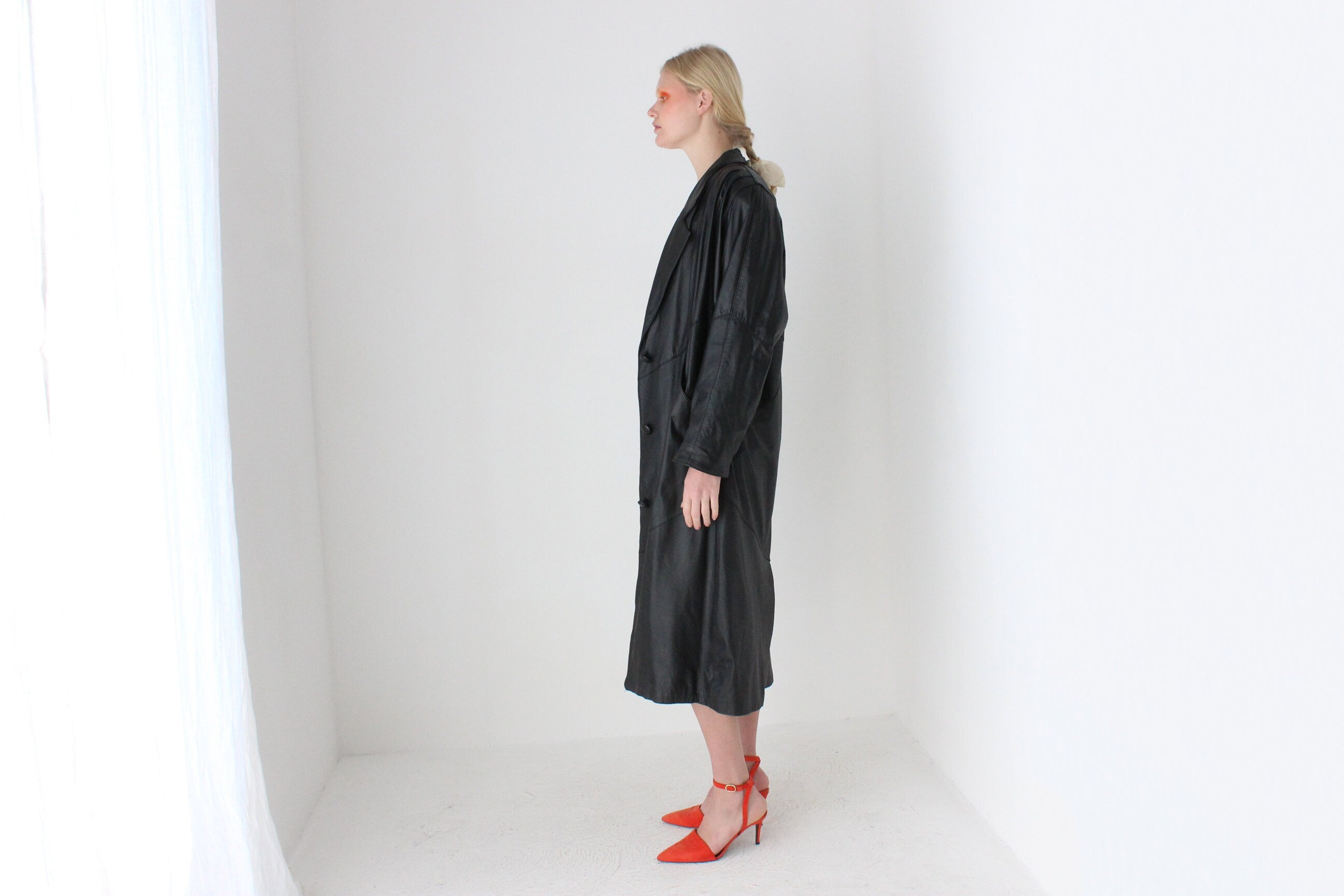 80s {Genuine Leather} Relaxed & Roomy Black Trench Coat