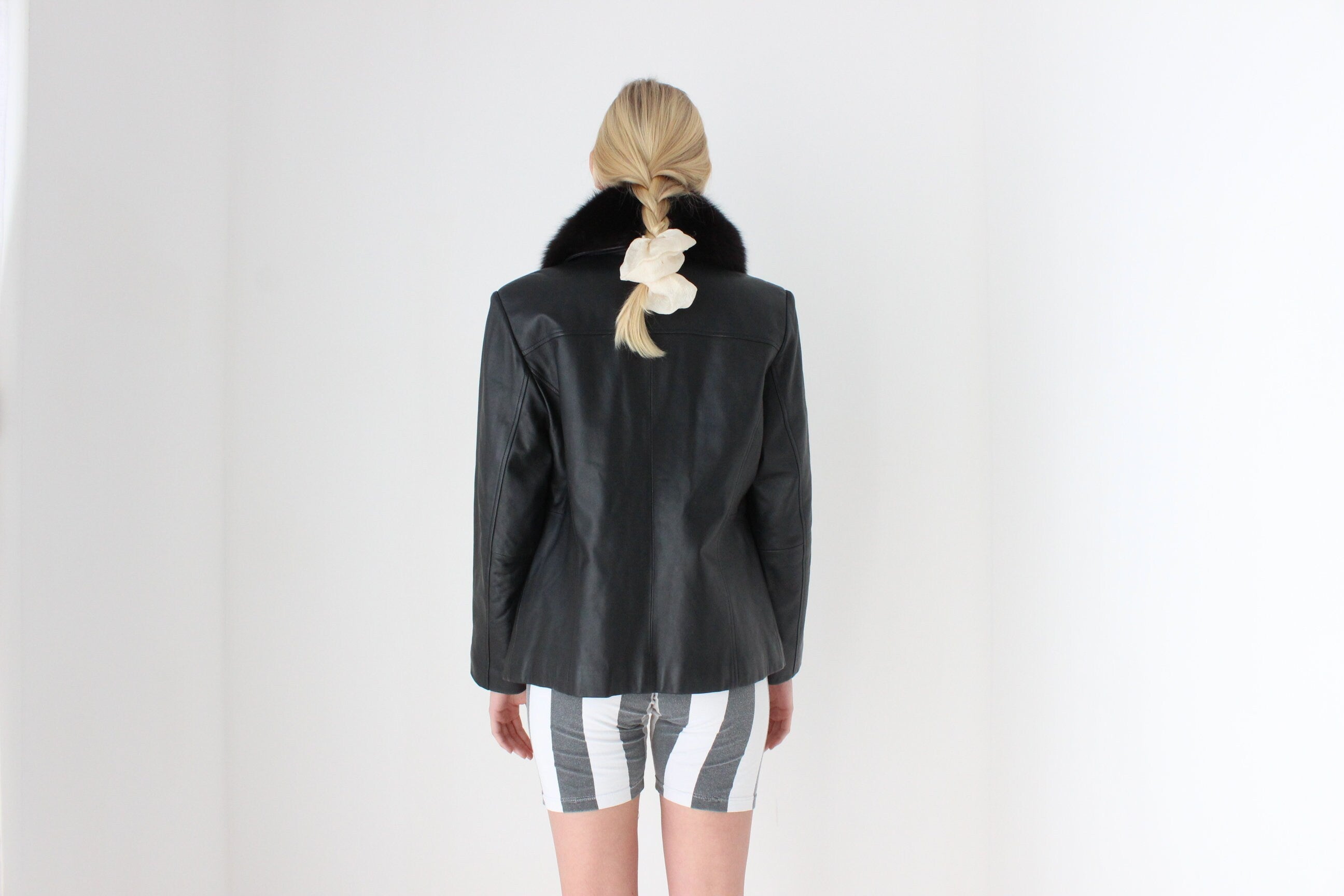 Y2K {Genuine Lambskin LEATHER + Fox FUR Collar} Zip Front Bomber Jacket