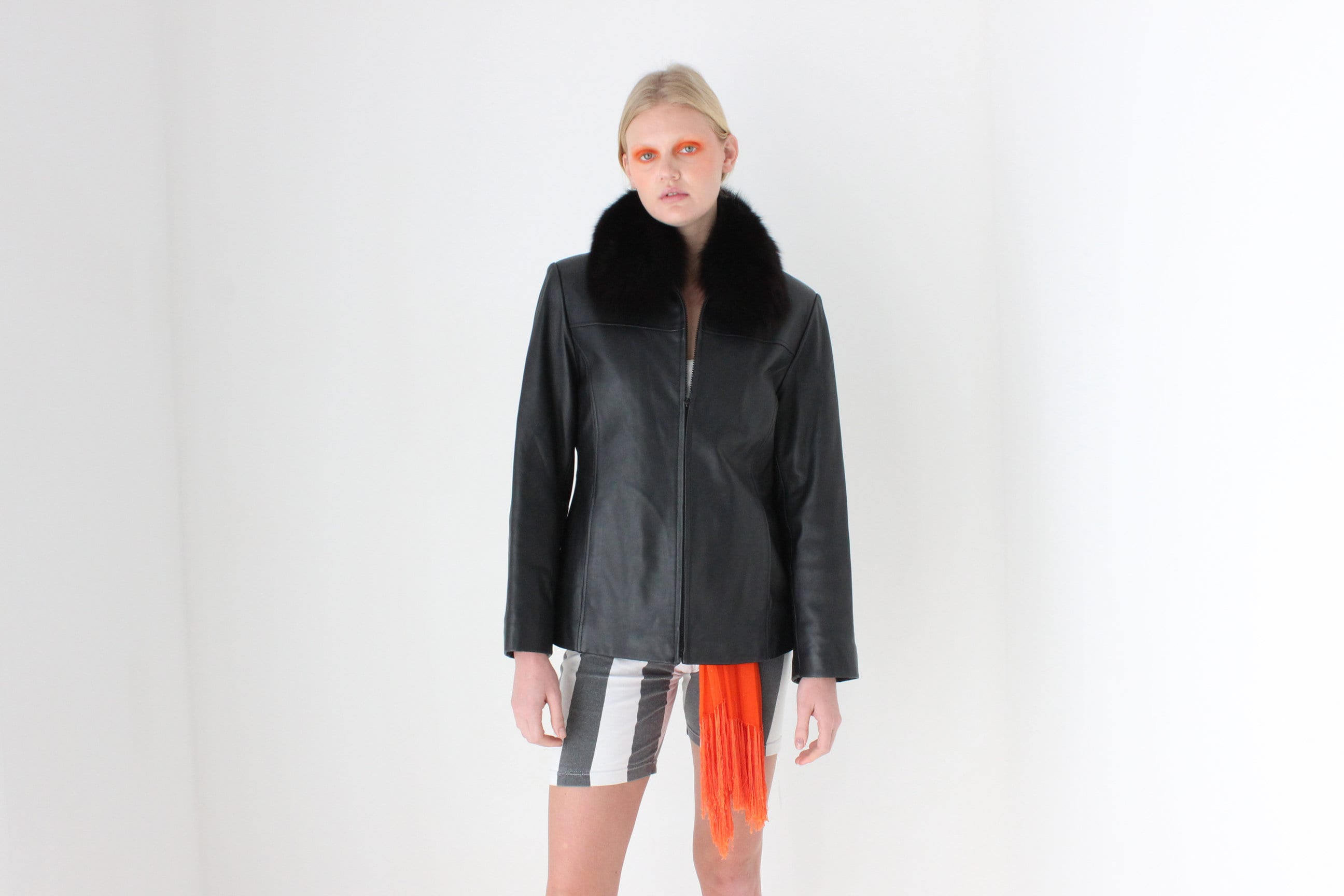 Y2K {Genuine Lambskin LEATHER + Fox FUR Collar} Zip Front Bomber Jacket