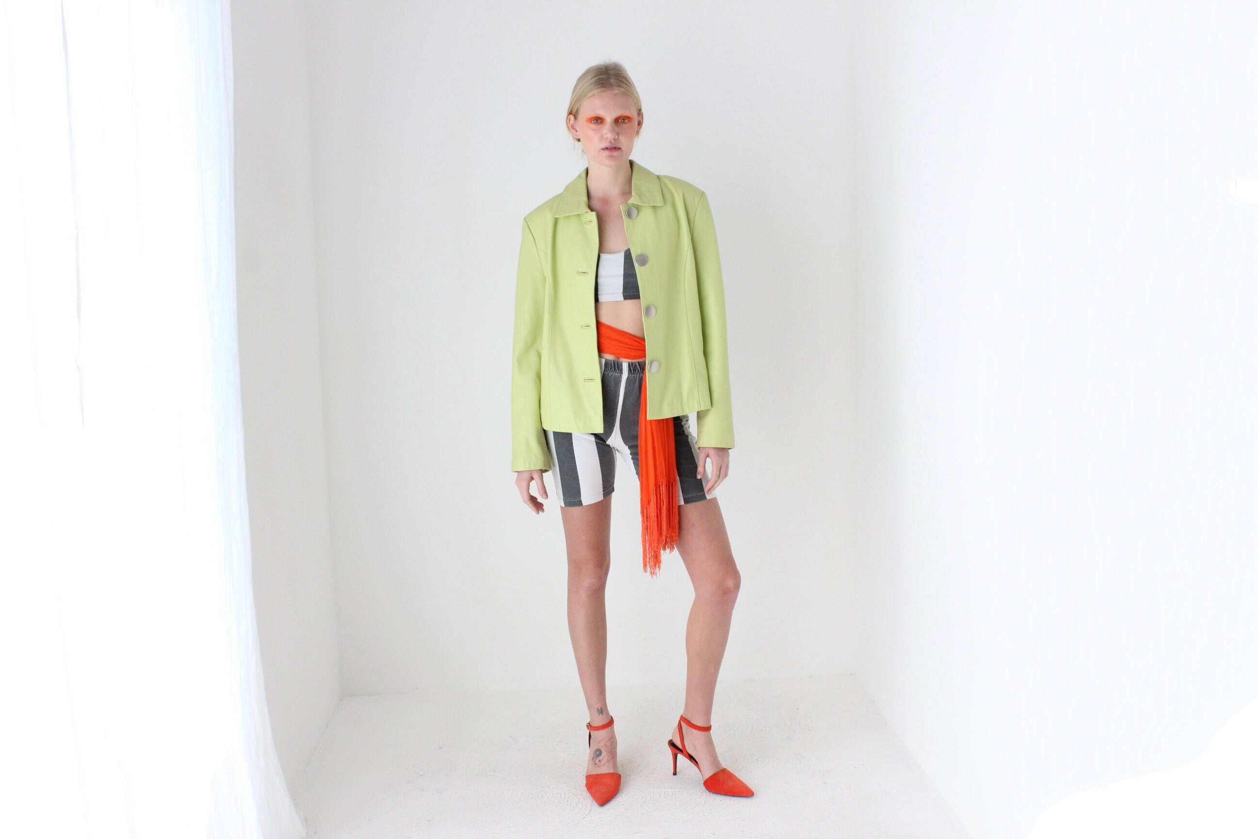 Y2K Lemon Lime Leather Boxy Cropped Jacket by La Vee