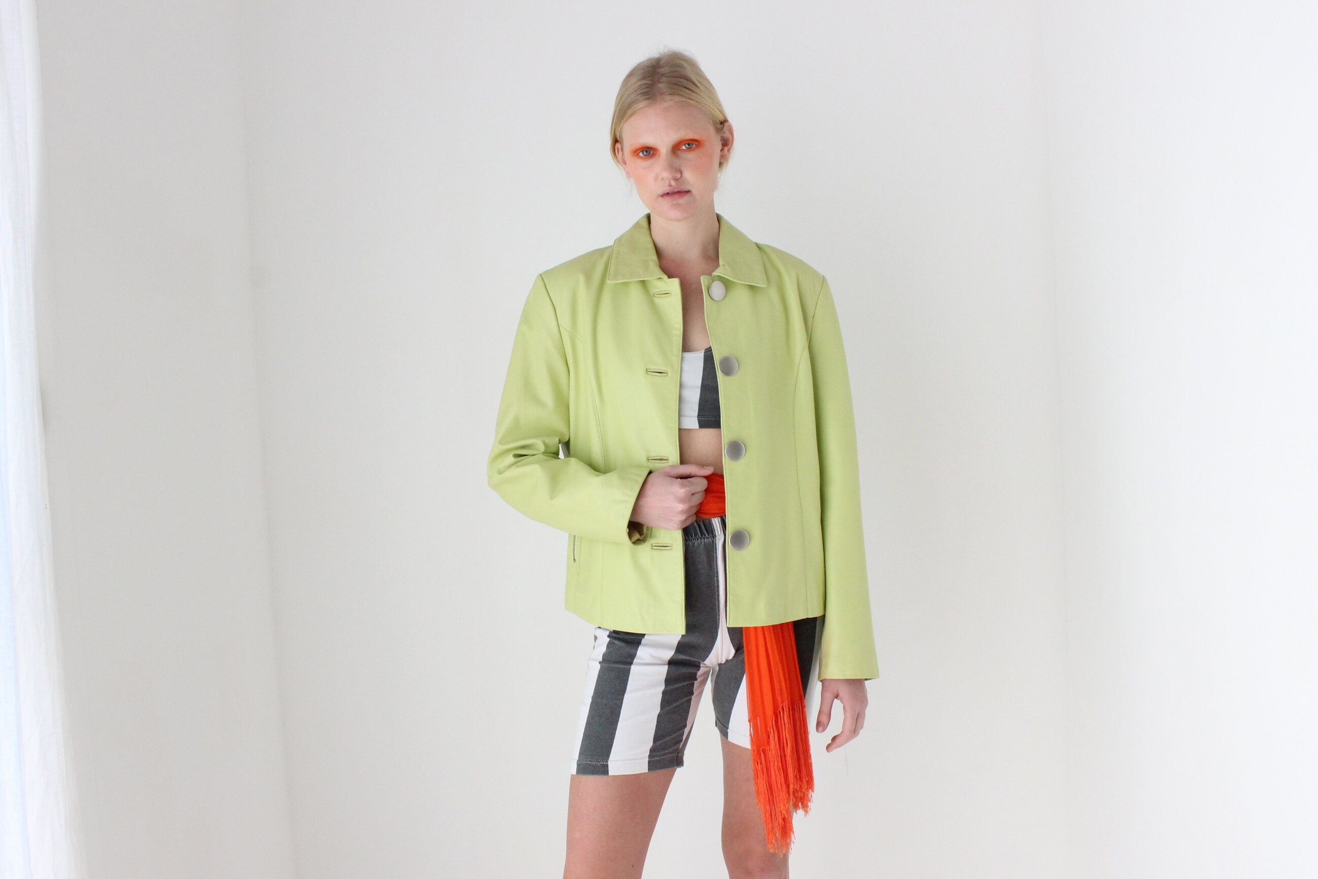 Y2K Lemon Lime Leather Boxy Cropped Jacket by La Vee