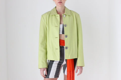 Y2K Lemon Lime Leather Boxy Cropped Jacket by La Vee