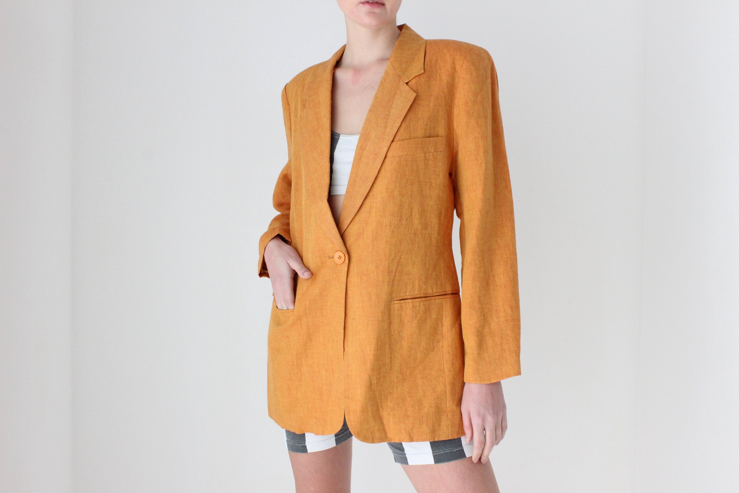 90s {Pure Linen} Apricot Single Button Fitted Suit Blazer