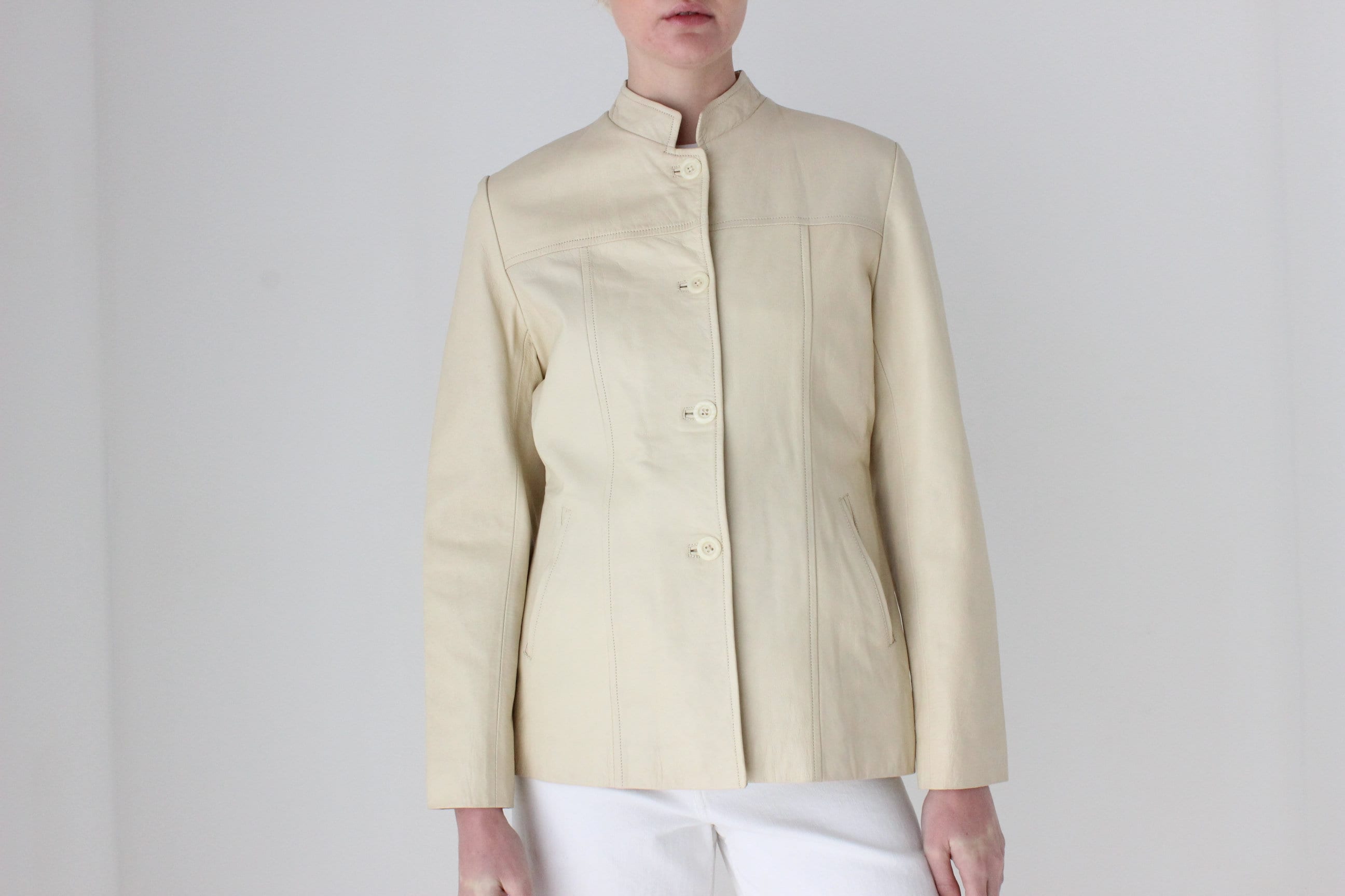 90s Cream Leather Mandarin Collar Jacket