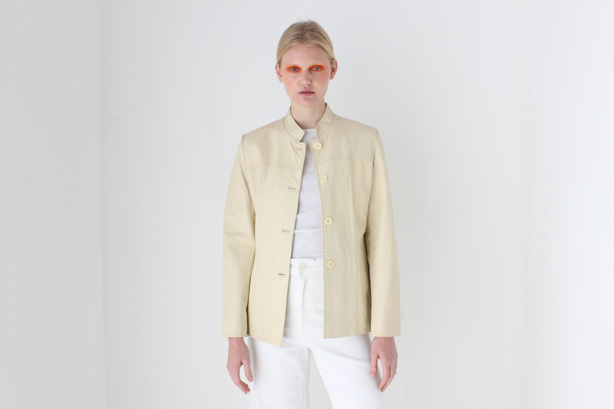 90s Cream Leather Mandarin Collar Jacket
