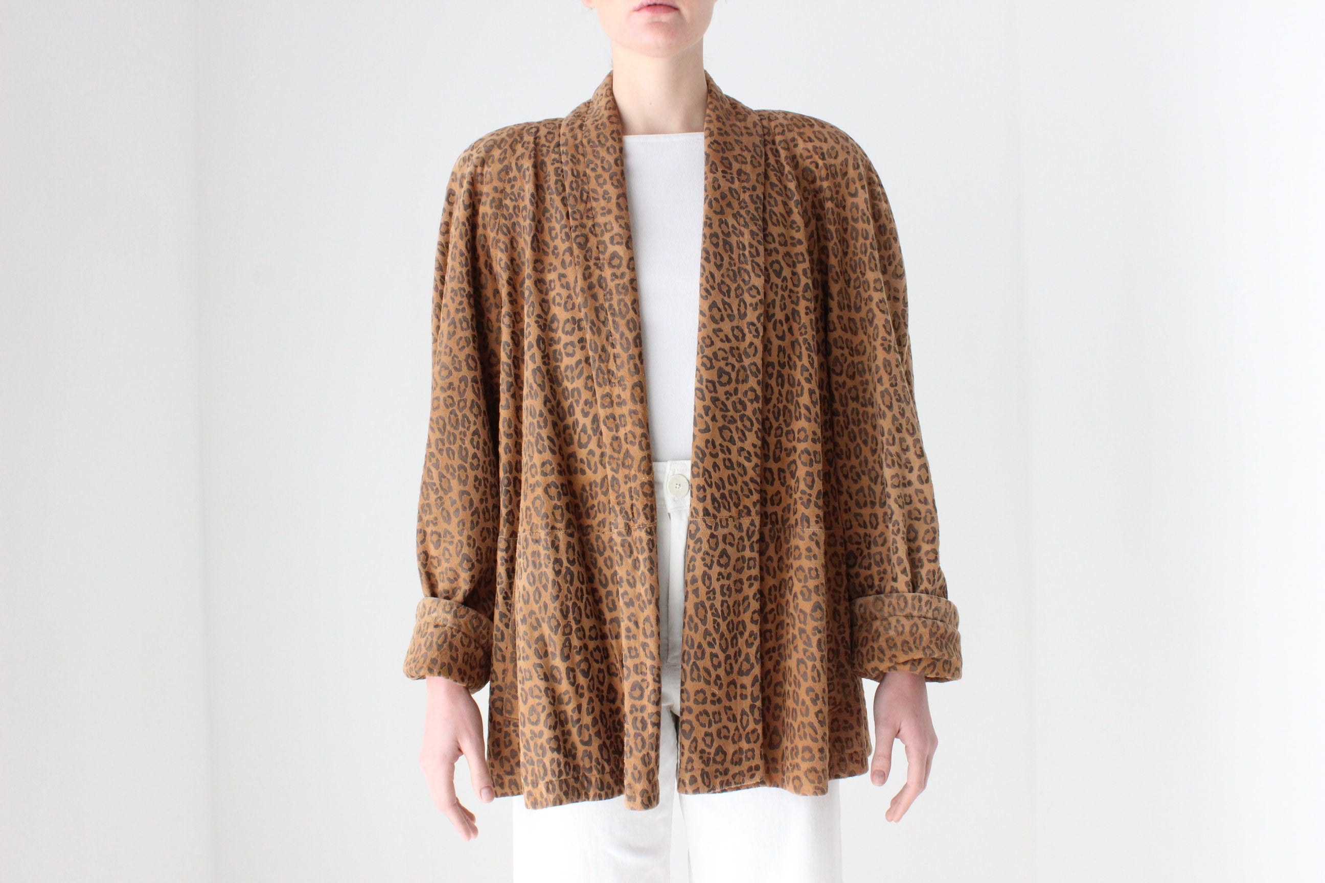 80s Designer Leopard Print Suede Luxury Swing Coat